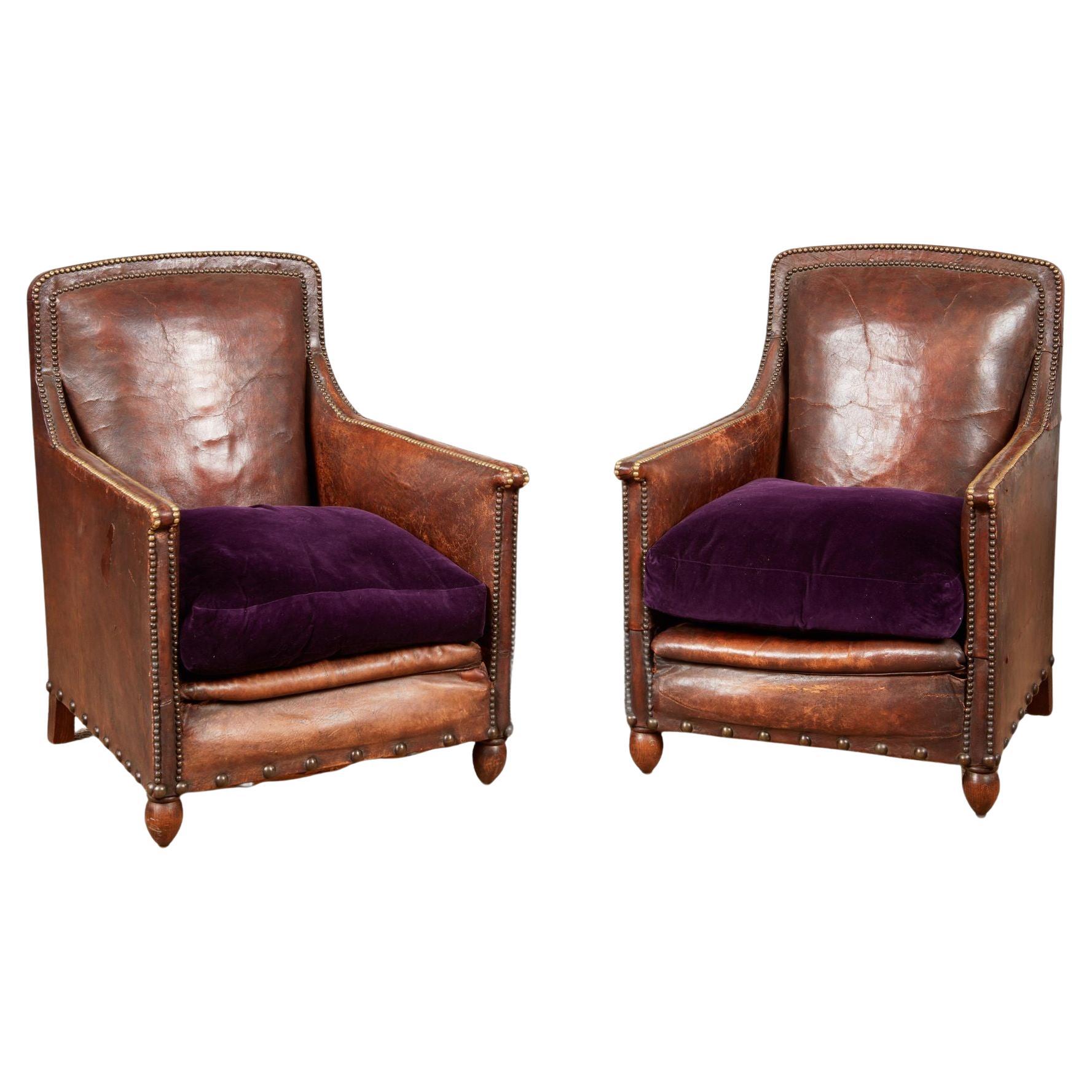 Pair of Studded Leather Club Chairs For Sale
