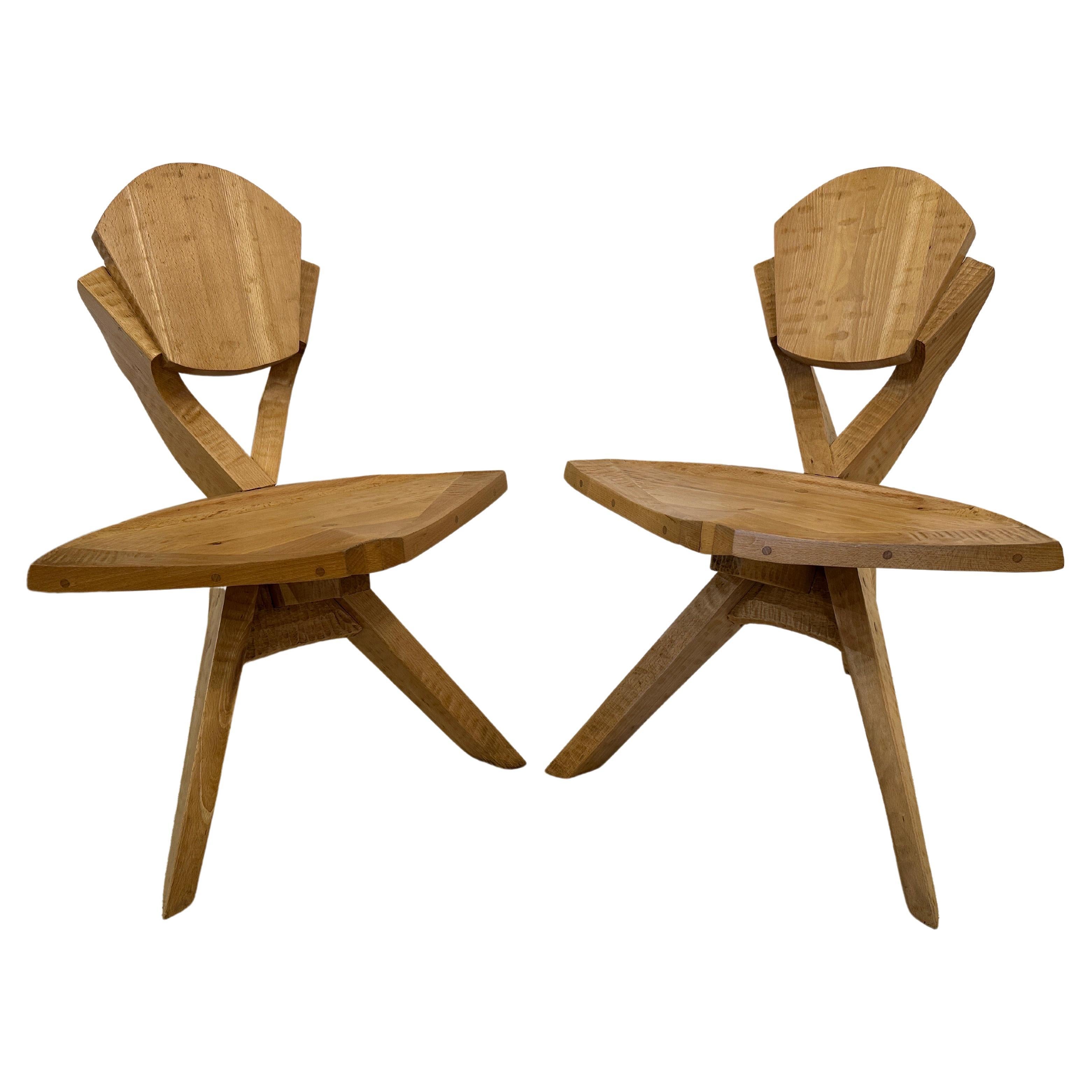Pair of Studio Art Chairs in Carved Wood For Sale