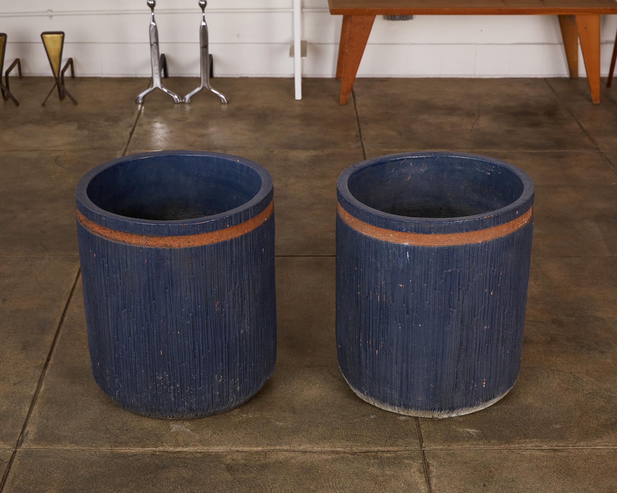 Modern Pair of Studio Ceramic Planters with Striated Pattern
