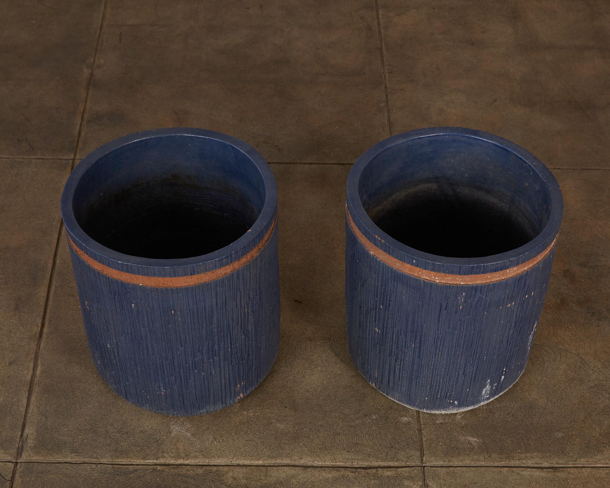 American Pair of Studio Ceramic Planters with Striated Pattern