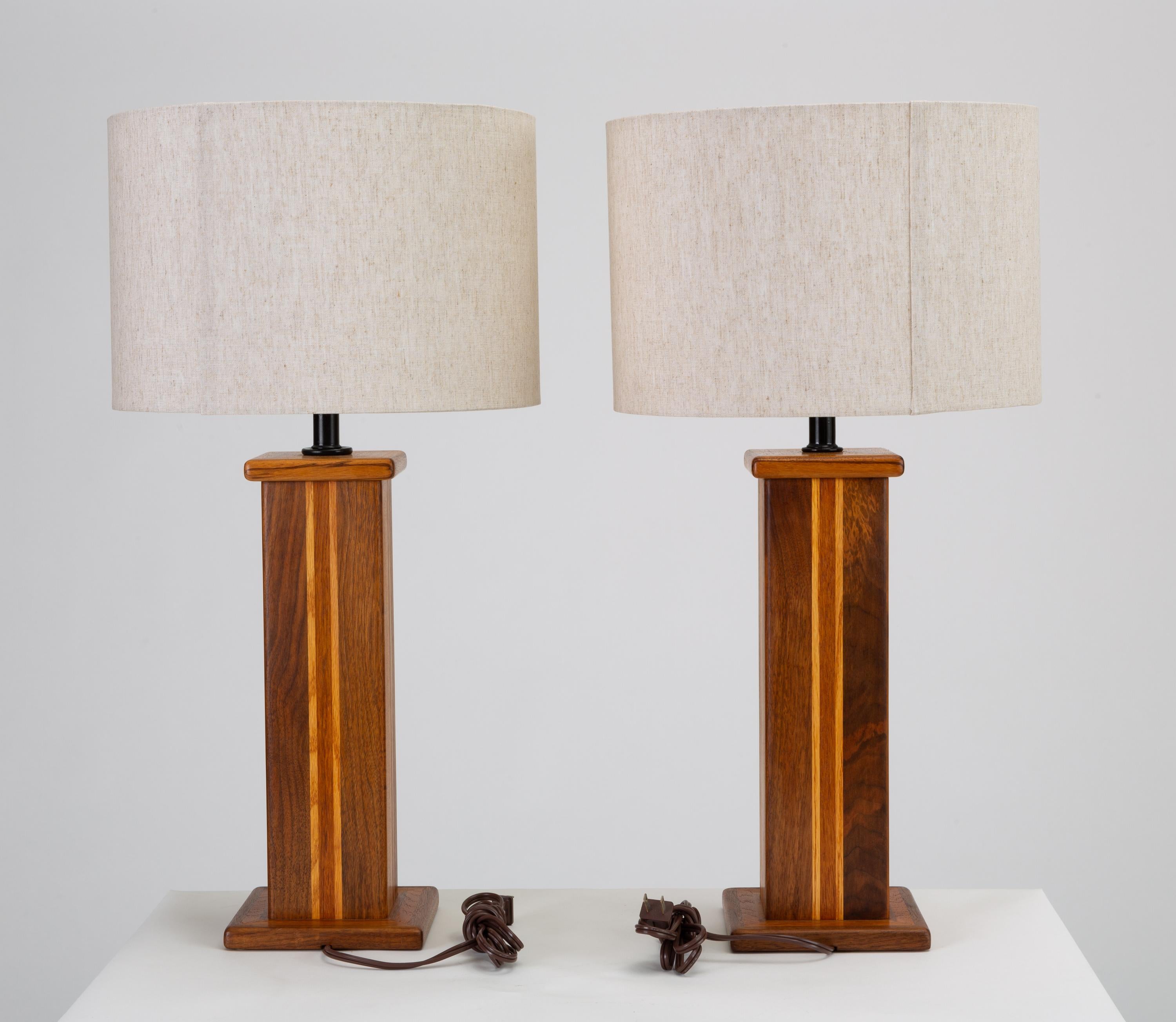 Pair of Studio Craft Lamps in Mixed Woods In Excellent Condition In Los Angeles, CA