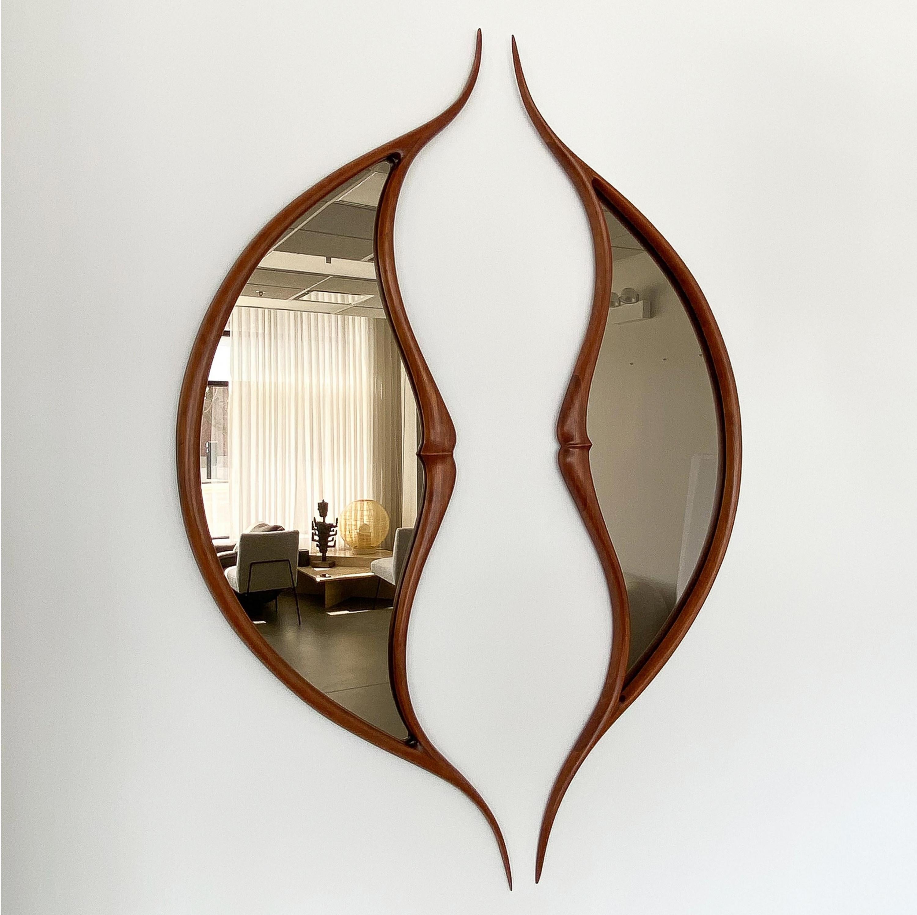 Mid-Century Modern Pair of Studio Craft Movement Carved Sculptural Walnut Wall Mirrors, Mark Levin For Sale