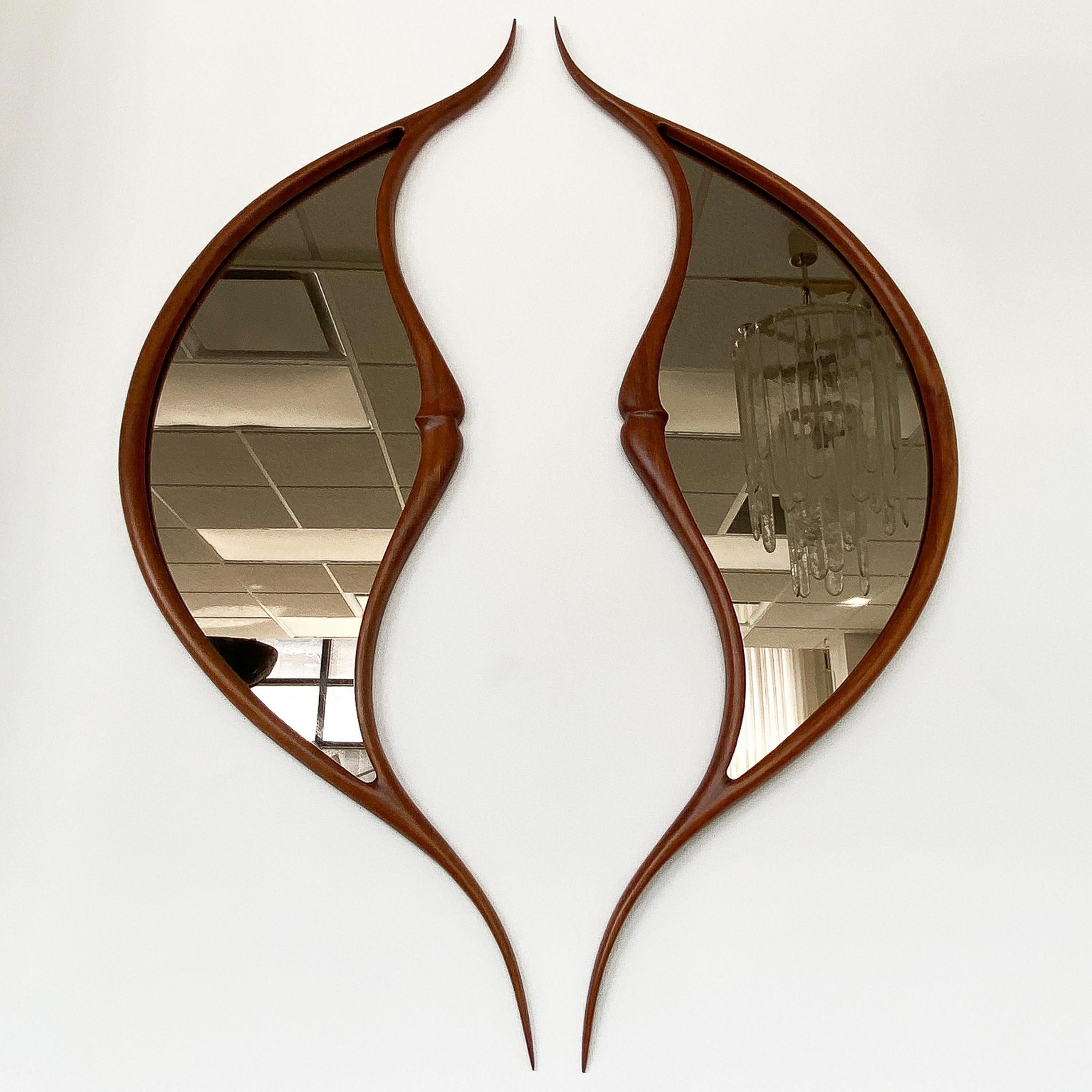 American Pair of Studio Craft Movement Carved Sculptural Walnut Wall Mirrors, Mark Levin For Sale