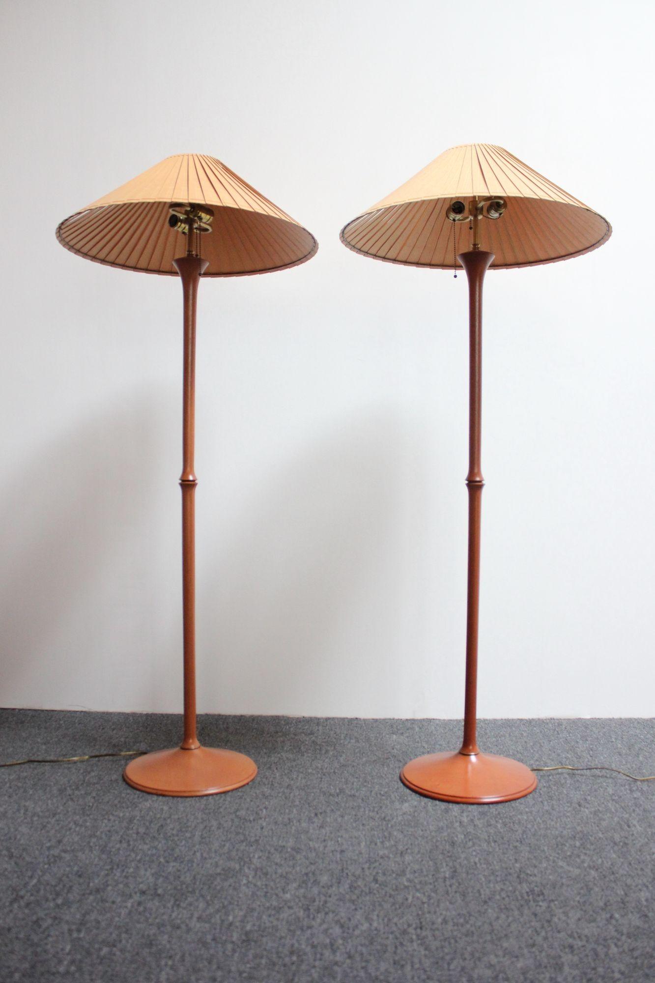 Pair of Studio Craft Sculptural Cherry Wood and Brass Floor Lamps with Shades 12