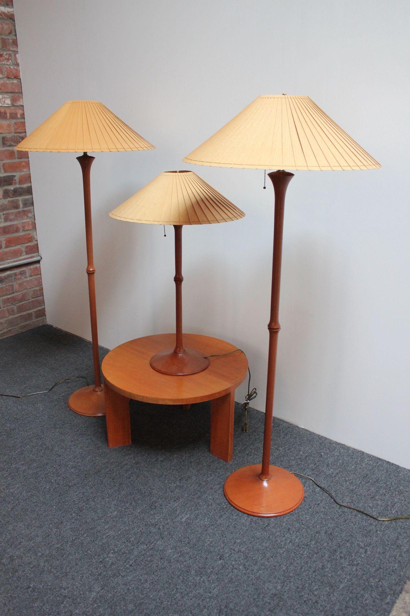 Pair of Studio Craft Sculptural Cherry Wood and Brass Floor Lamps with Shades 13