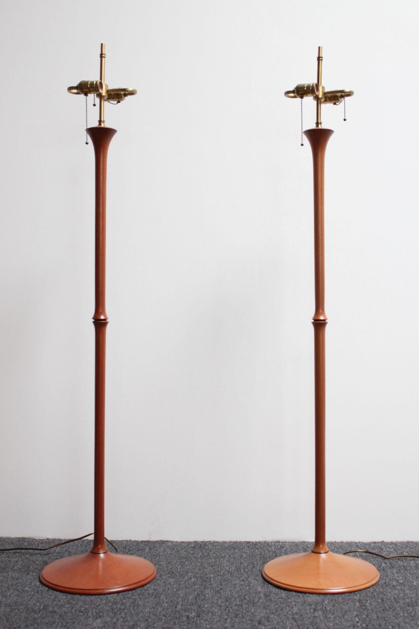Mid-Century Modern Pair of Studio Craft Sculptural Cherry Wood and Brass Floor Lamps with Shades
