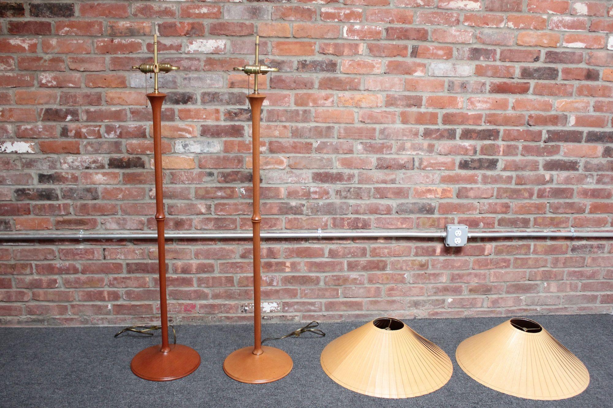 American Pair of Studio Craft Sculptural Cherry Wood and Brass Floor Lamps with Shades