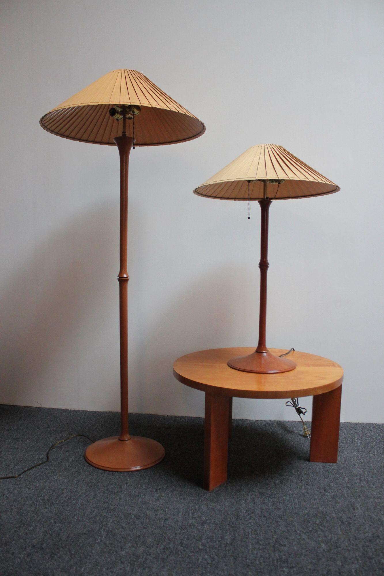 Pair of Studio Craft Sculptural Cherry Wood and Brass Floor Lamps with Shades In Good Condition In Brooklyn, NY