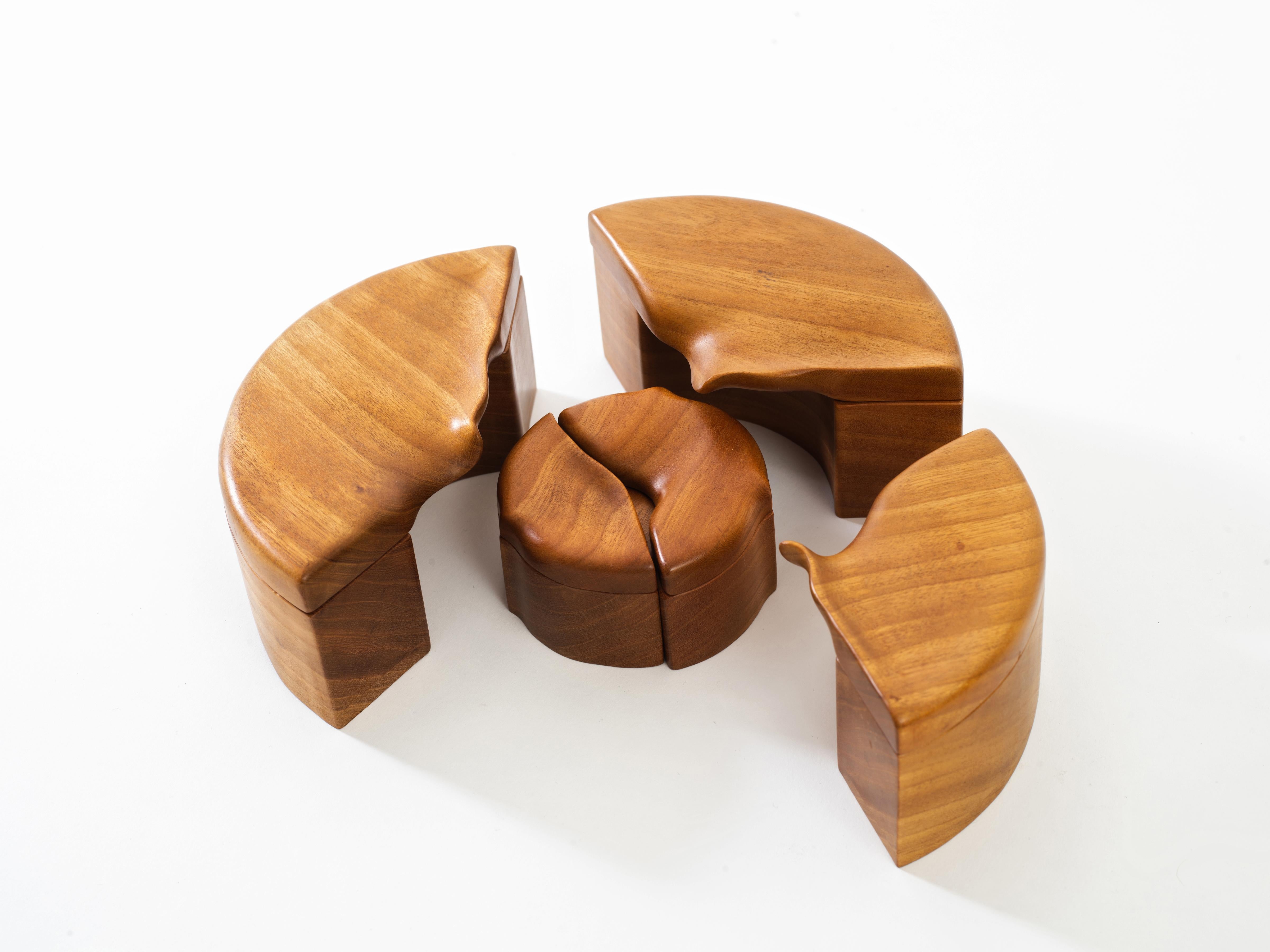 Organic Modern Pair of Studio Craft Solid Wood Nesting Boxes with Sculptural Lids, circa 1980 For Sale