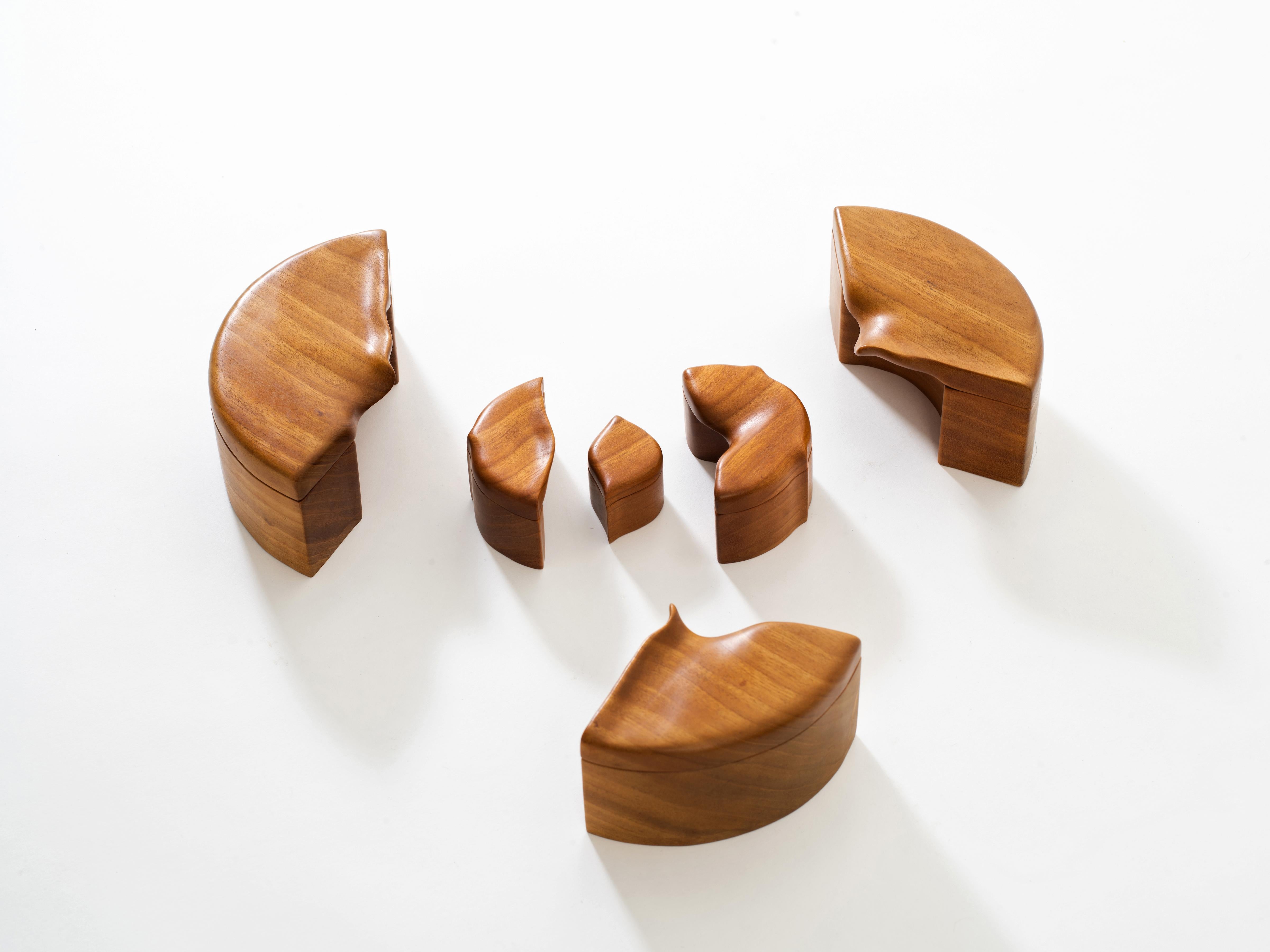 Hand-Carved Pair of Studio Craft Solid Wood Nesting Boxes with Sculptural Lids, circa 1980