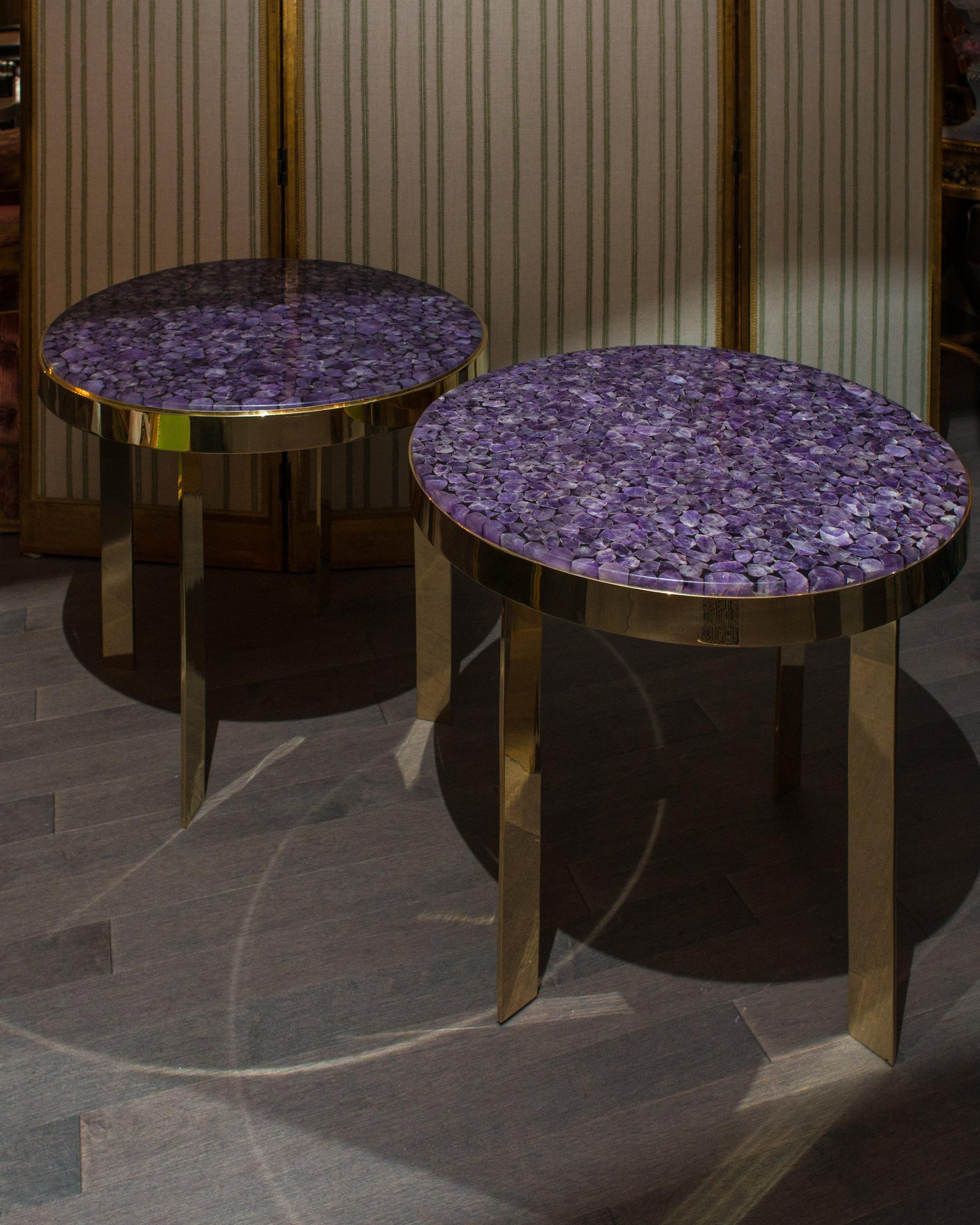 Pair of Purple Amethyst and Brass Tables by Studio Maison Nurita In New Condition For Sale In Toronto, ON