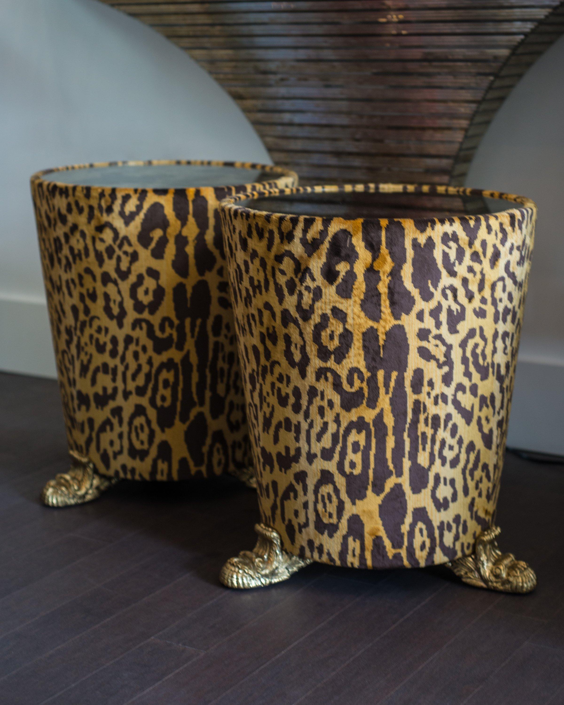 Introducing a new exclusive design from Studio Maison Nurita, an extravagant handmade side table in leopard silk velvet. Perfection is in the details and these rich tables are upholstered in a Bevilacqua fabric, with antique mirrored tops and
