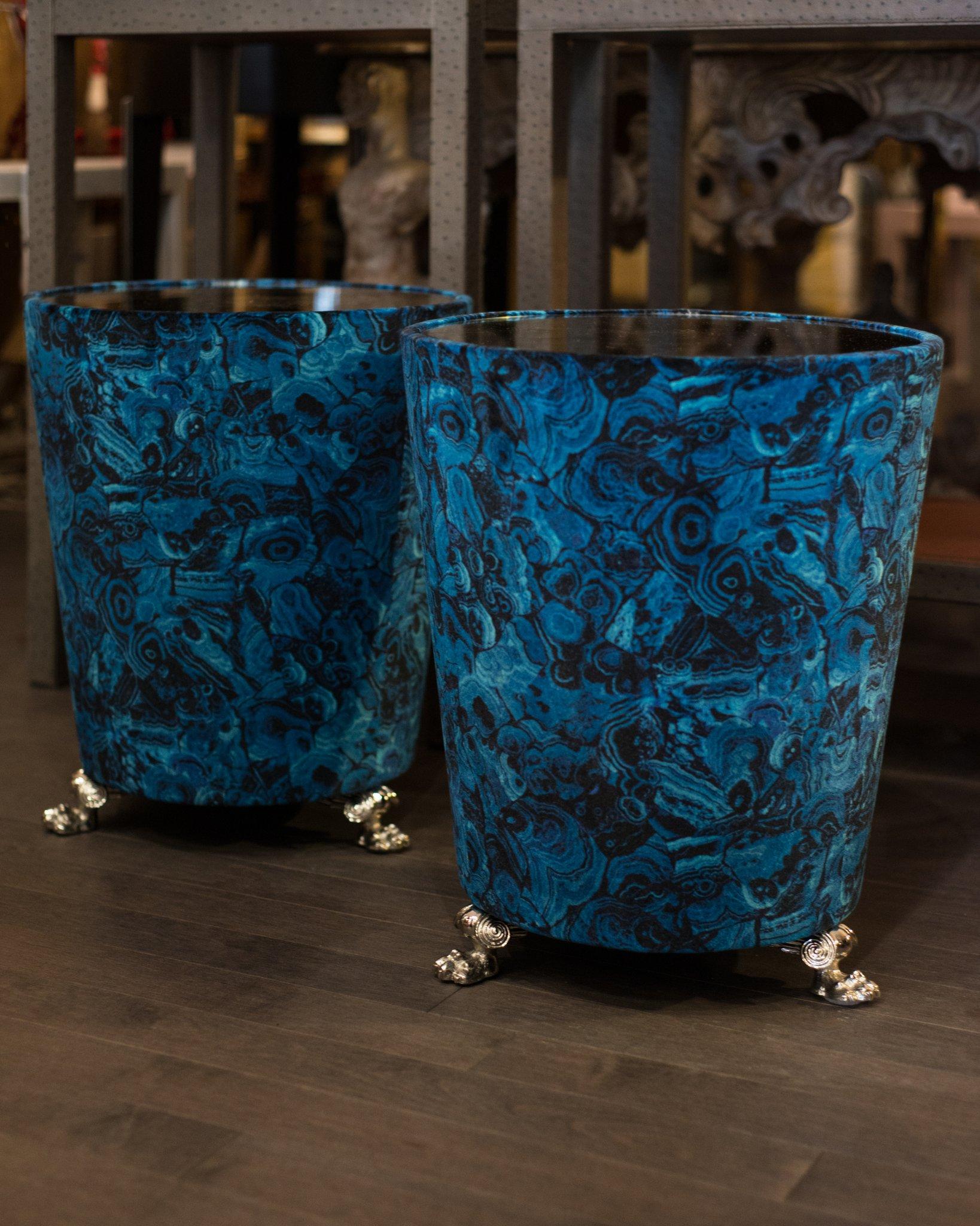 Introducing a new exclusive design from Studio Maison Nurita, extravagant handmade side tables in blue agate velvet. Perfection is in the details and these rich tables are upholstered in a Nobilis fabric, with antique mirrored tops and elegant