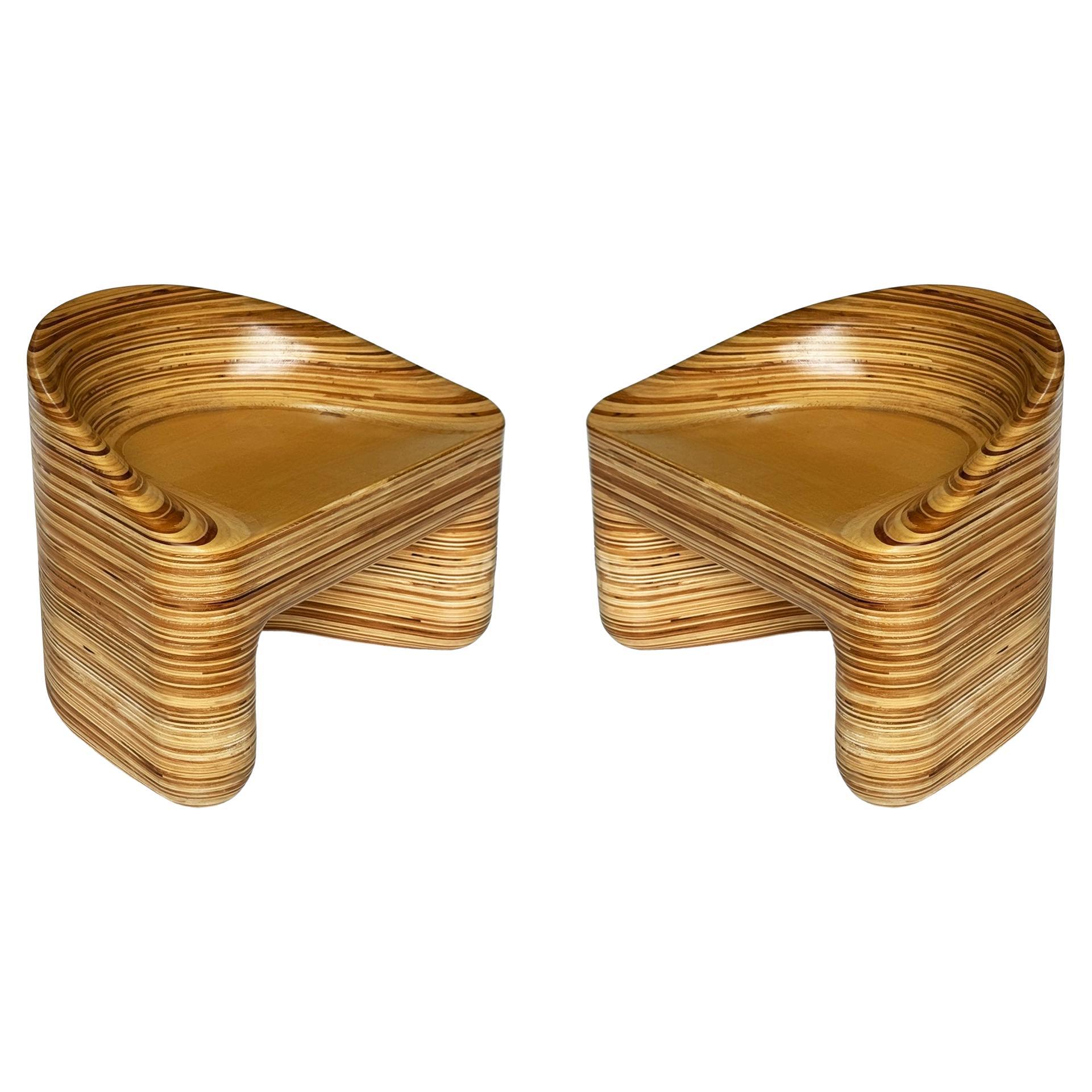 Pair of Studio Organic Modern Stacked Laminated Mixed Woods Lounge Chairs Stool