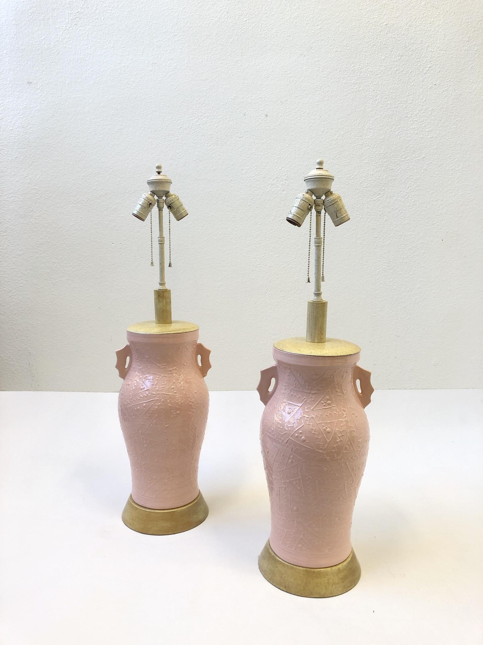 Modern Pair of Studio Pink Ceramic Table Lamps by Roy Hamilton for Steve Chase