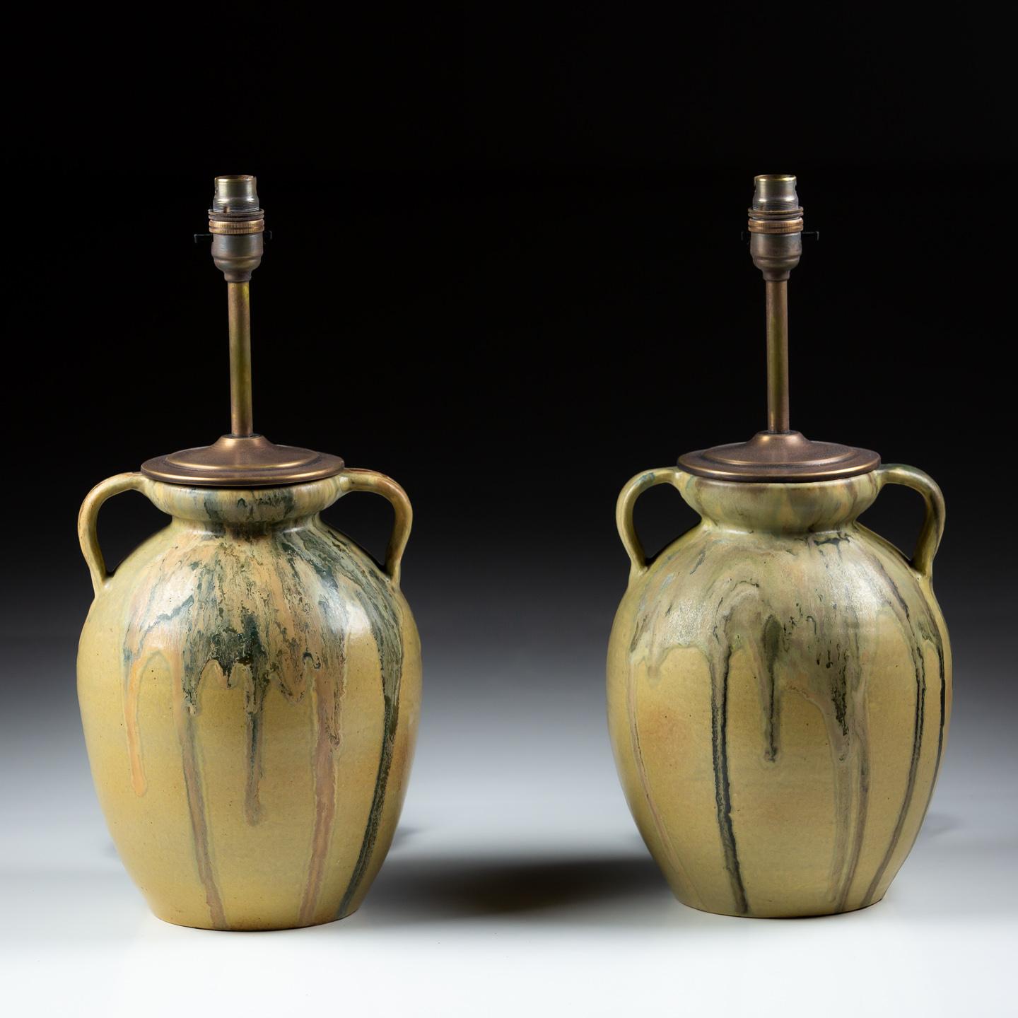 French Pair of Studio Pottery Vase by Leon Pointu as Lamps For Sale