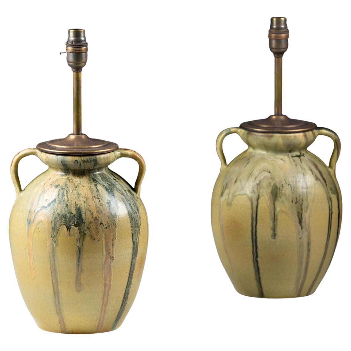 Pair of Studio Pottery Vase by Leon Pointu as Lamps For Sale