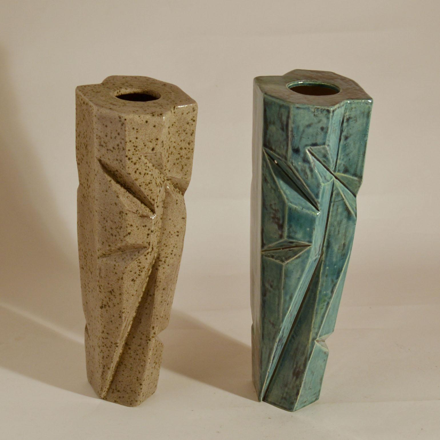 Dutch Pair of sculptural Studio Pottery Vases in Blue and Beige Glaze For Sale