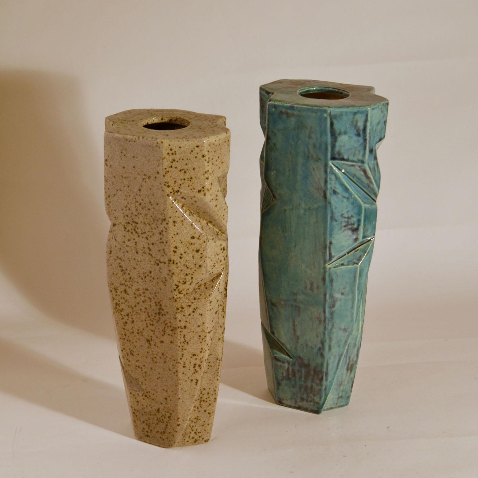 Hand-Crafted Pair of sculptural Studio Pottery Vases in Blue and Beige Glaze For Sale