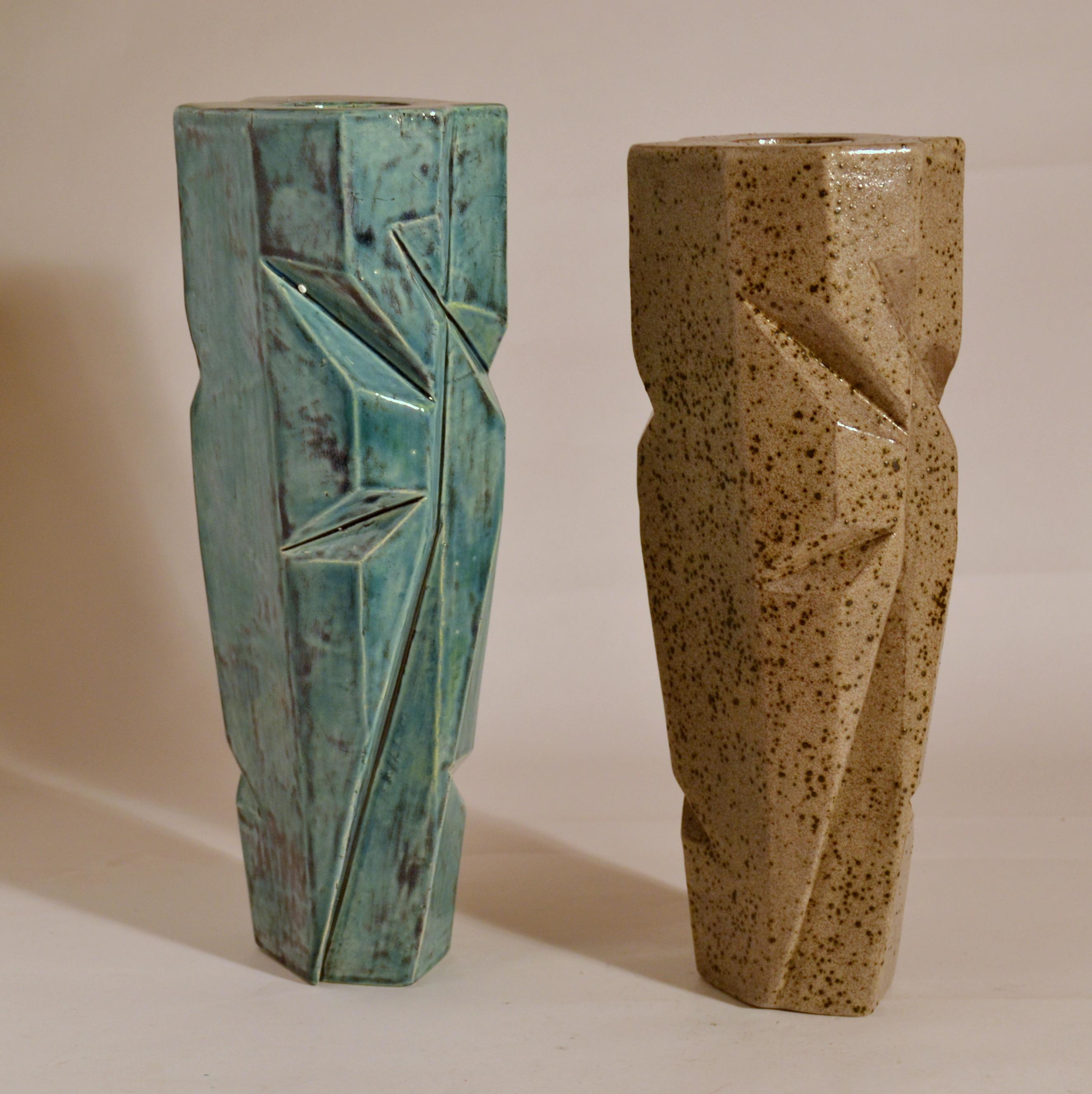 Late 20th Century Pair of sculptural Studio Pottery Vases in Blue and Beige Glaze For Sale