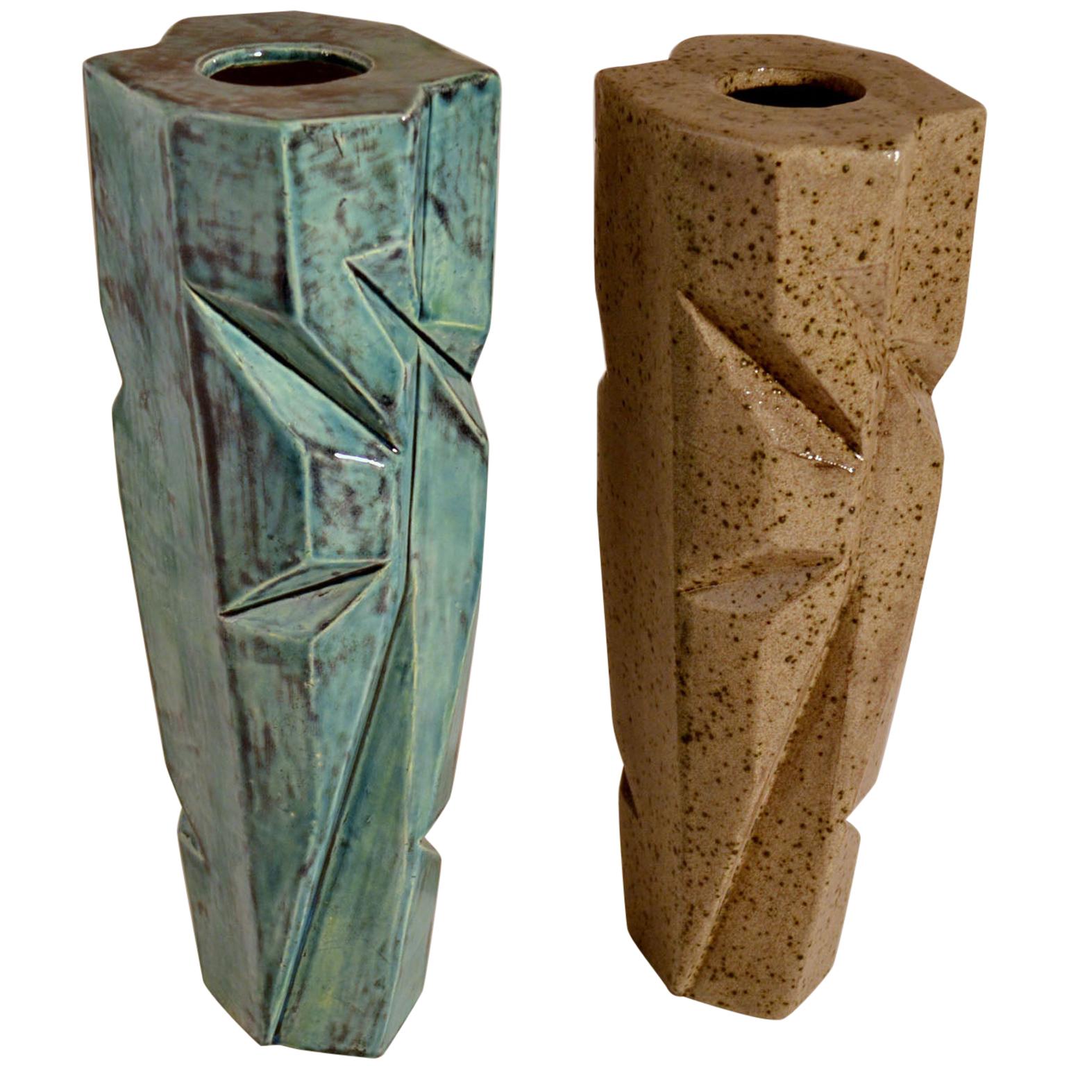 Pair of sculptural Studio Pottery Vases in Blue and Beige Glaze For Sale