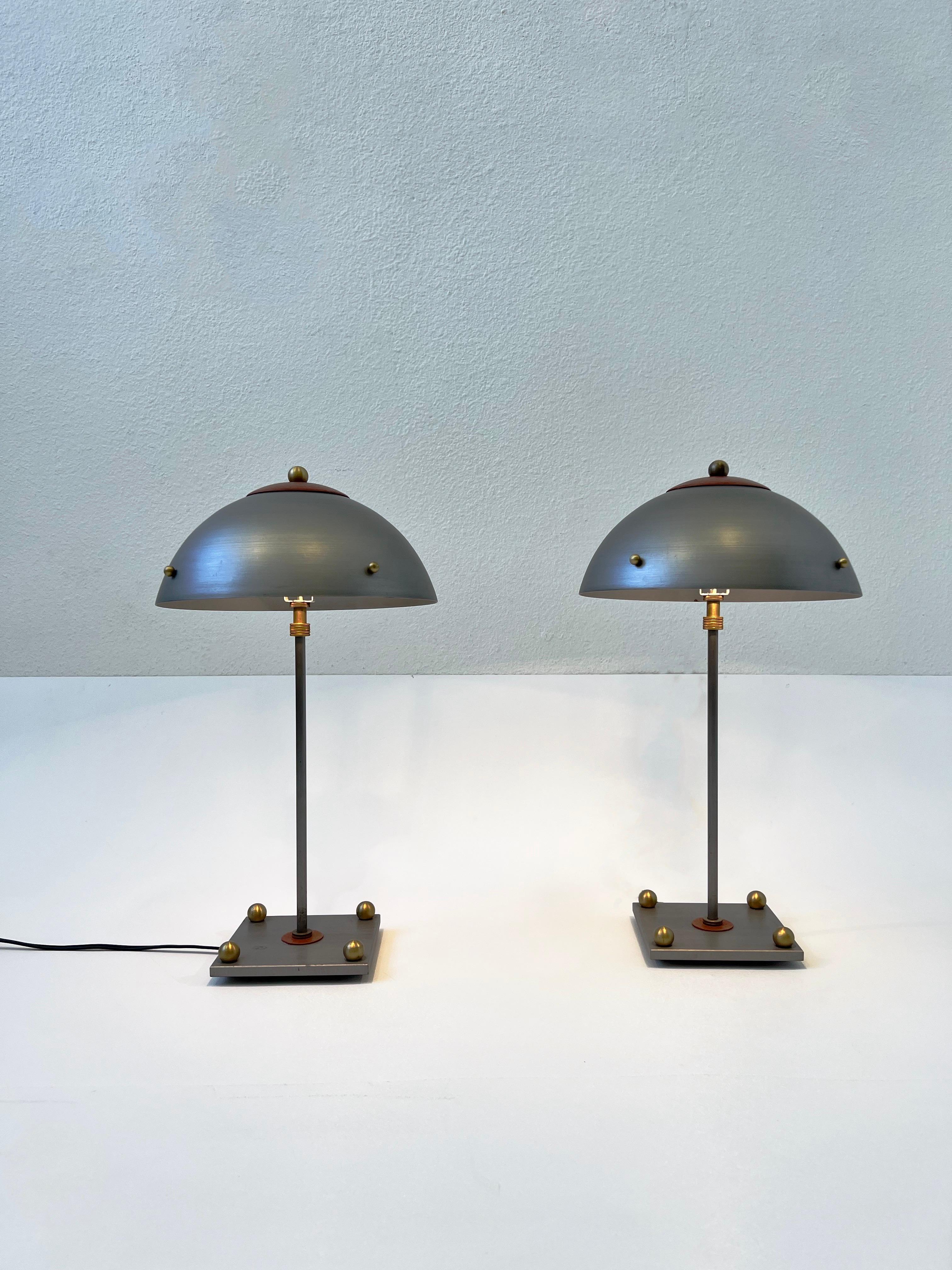 Post-Modern Pair of Studio Steel and Brass Table Lamps by Cantor Wheat Design For Sale