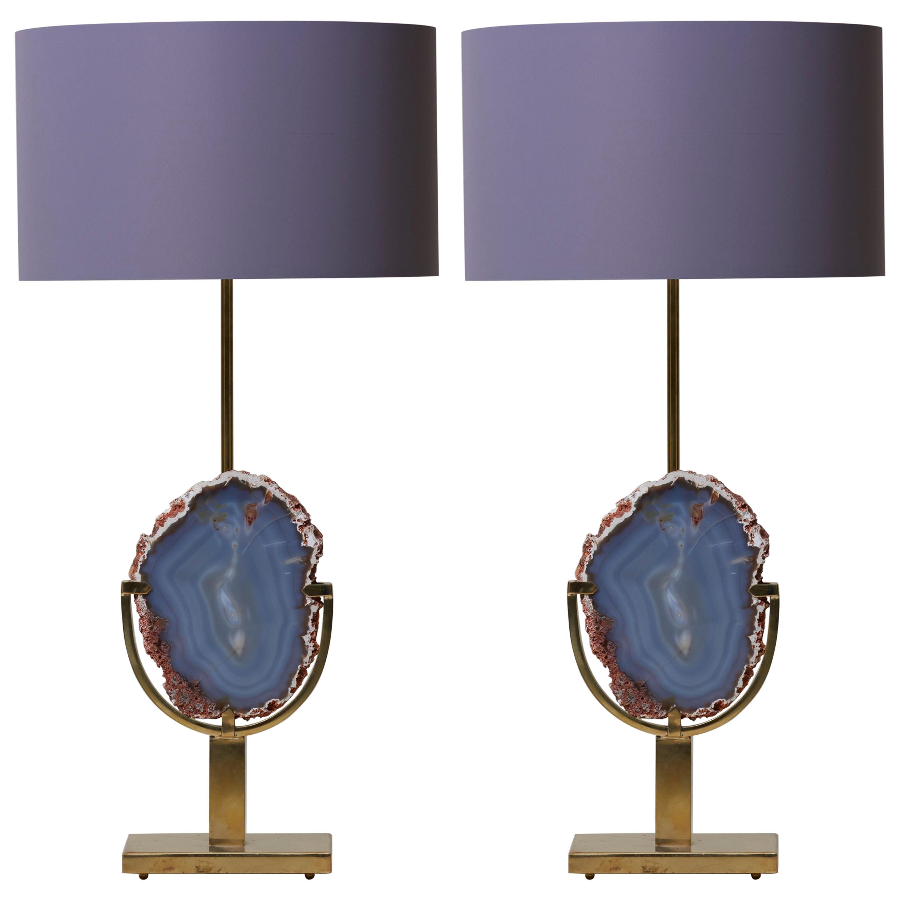 Pair of Stunning Agate Stone and Brass Table Lamps in the Manner of Willy Daro