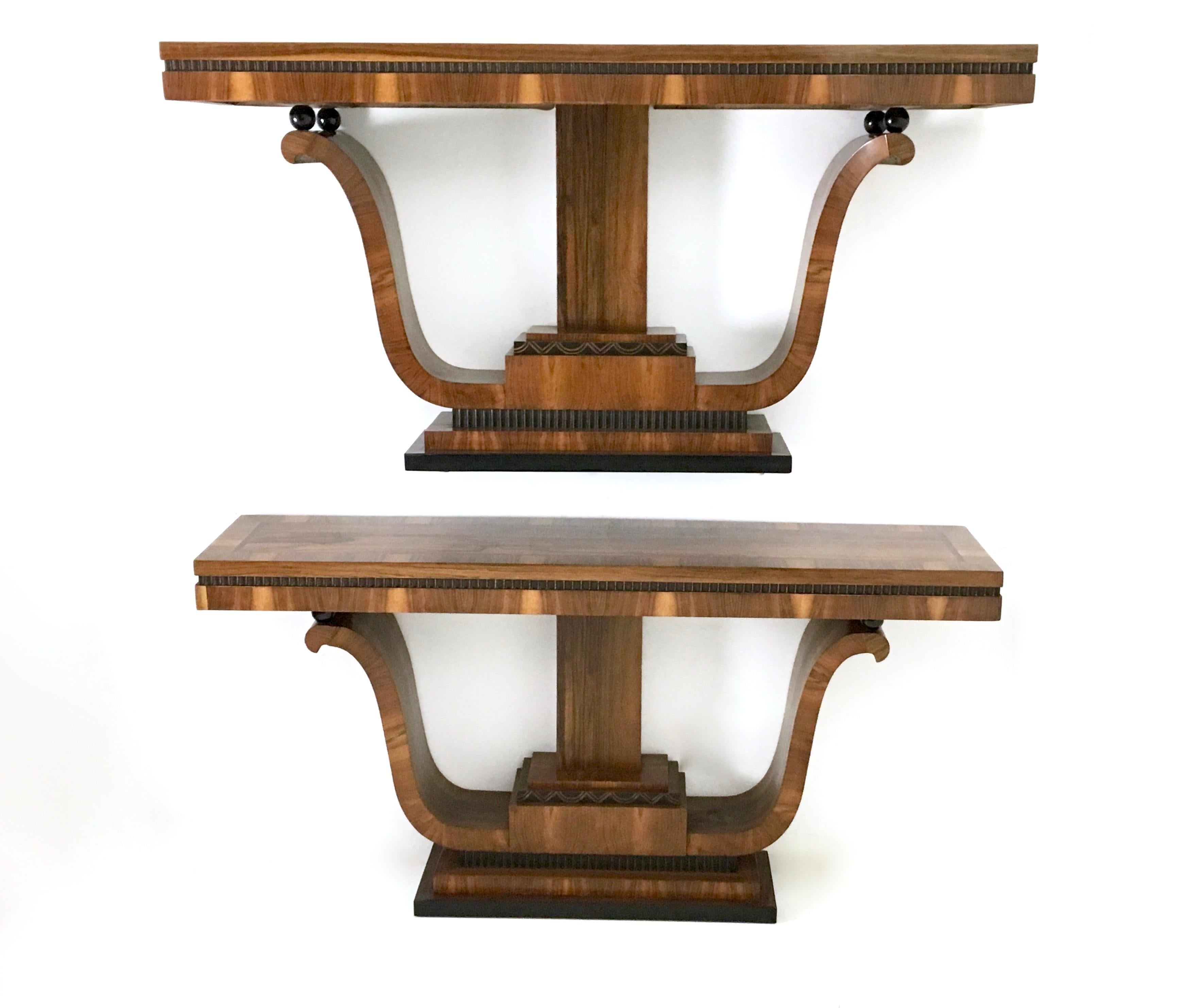 Italian Pair of Stunning and Unique Art Deco Walnut Console Tables, Italy, 1940s