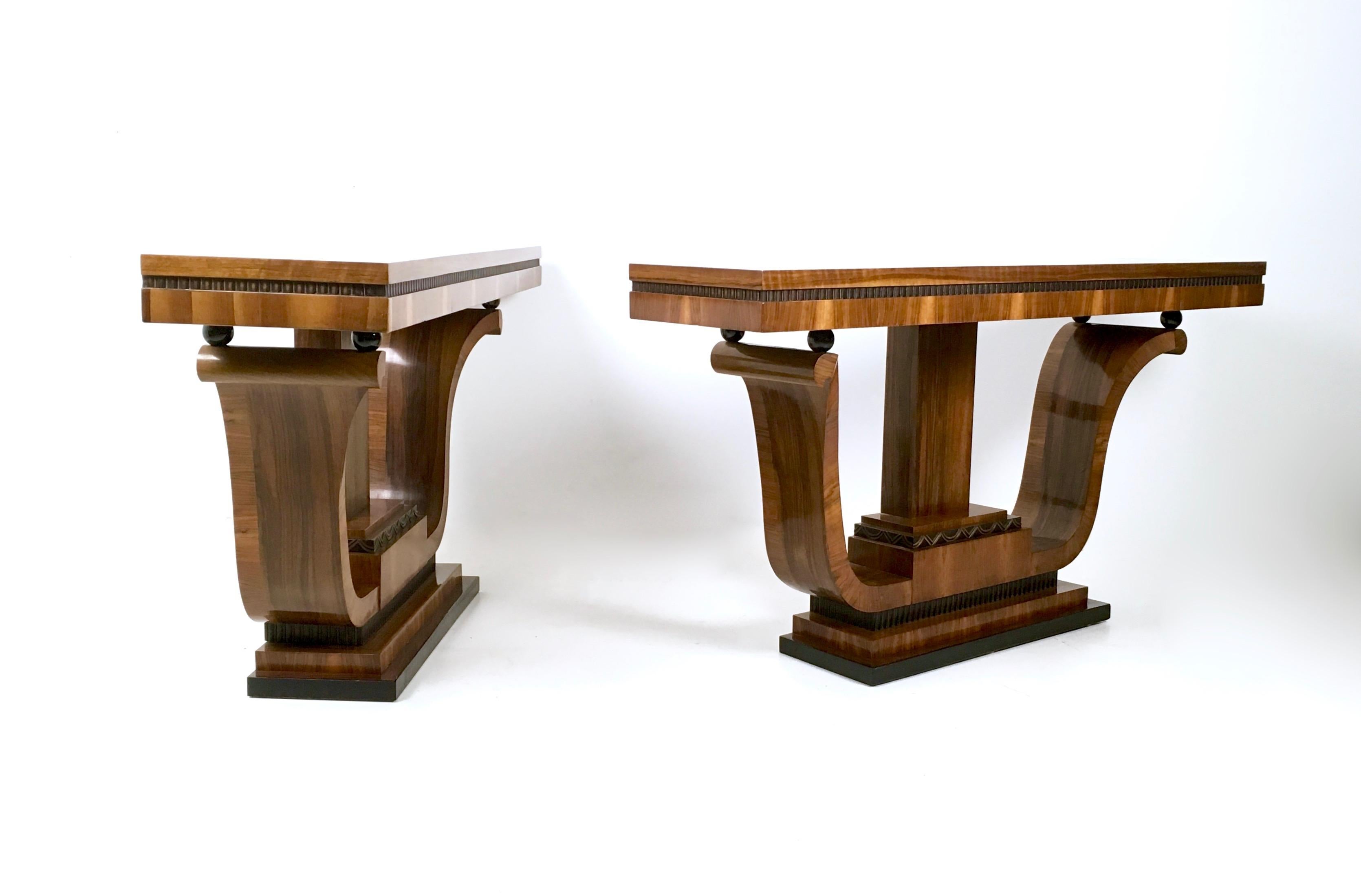 Ebonized Pair of Stunning and Unique Art Deco Walnut Console Tables, Italy, 1940s
