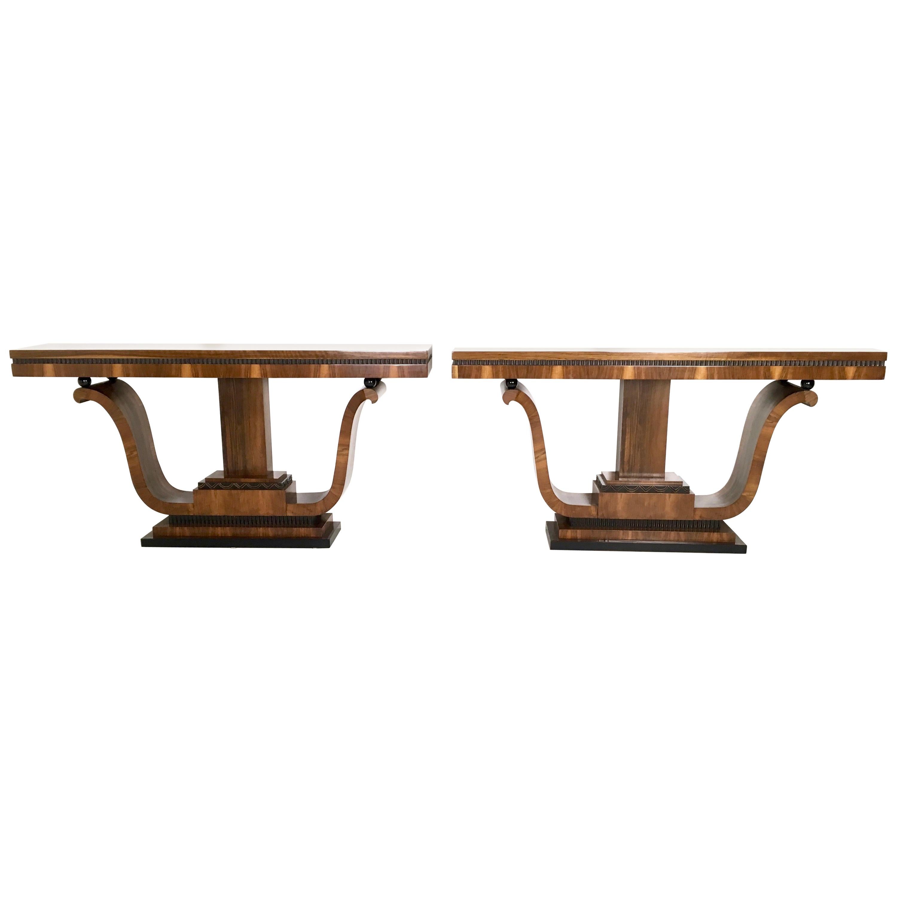 Pair of Stunning and Unique Art Deco Walnut Console Tables, Italy, 1940s