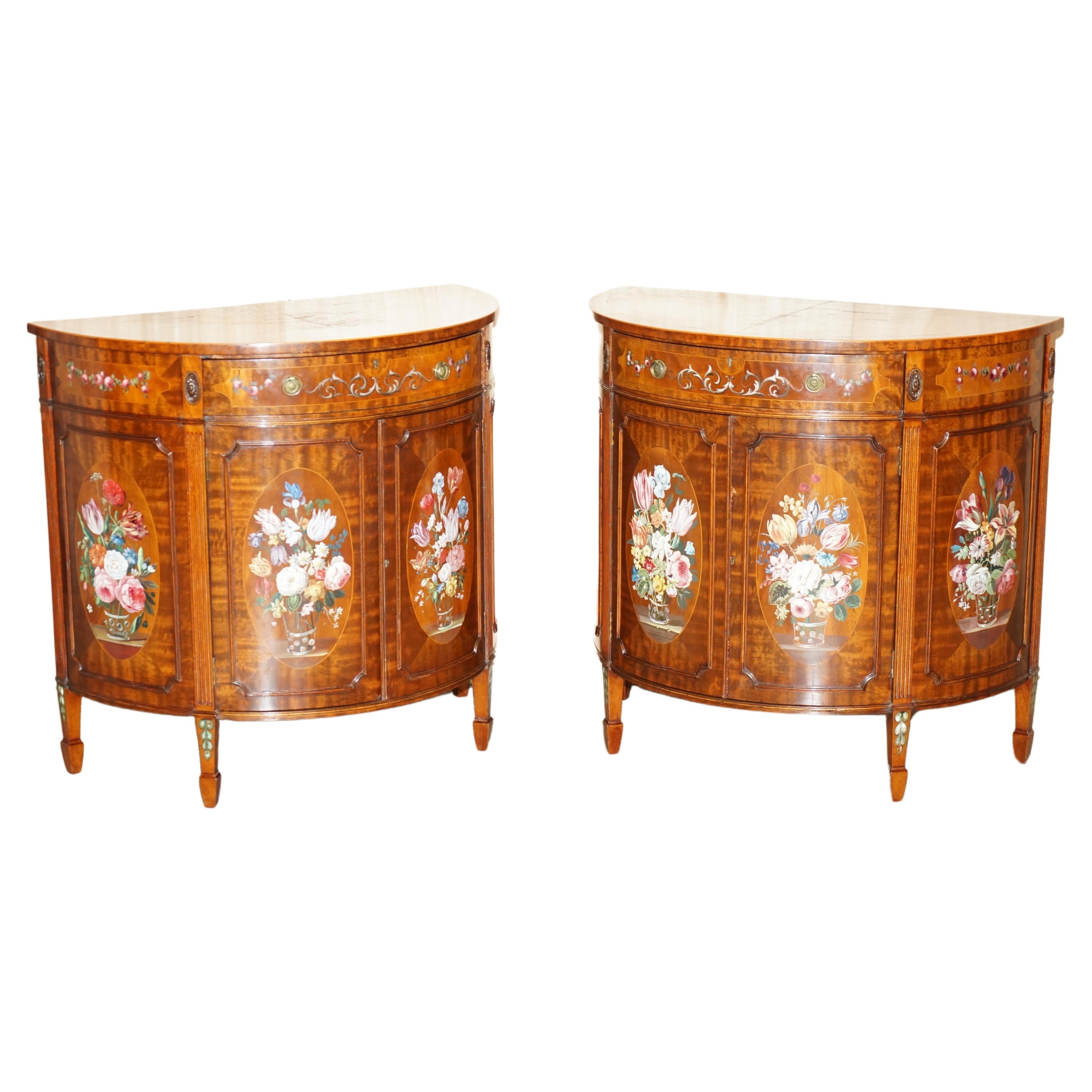 PAIR OF STUNNING ANTIQUE ADAMS SHERATON PAINTED DEMI LUNE SIDEBOARD CUPBOARDs