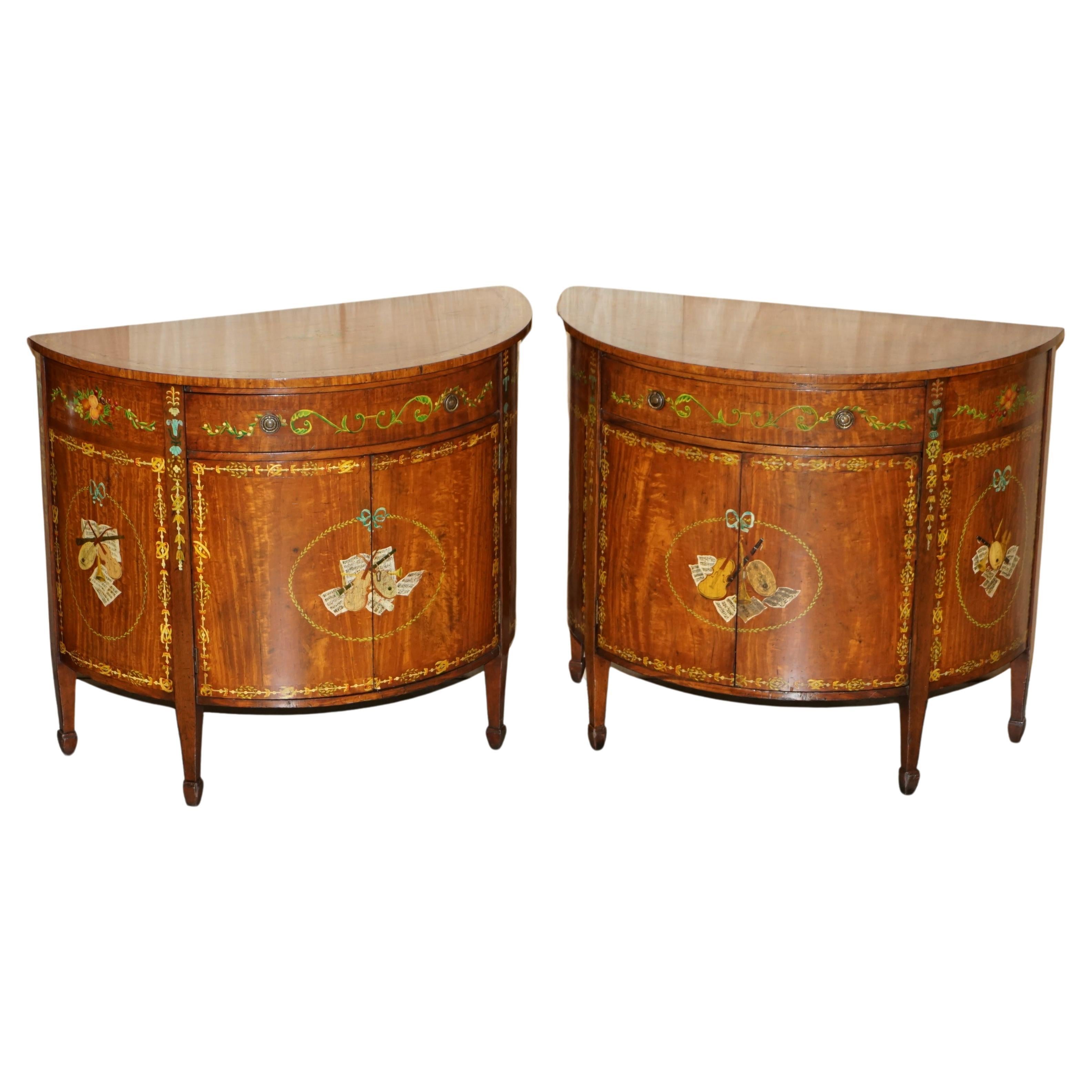 PAIR OF STUNNiNG ANTIQUE ADAMS SHERATON PAINTED DEMI LUNE SIDEBOARD CUPBOARDS