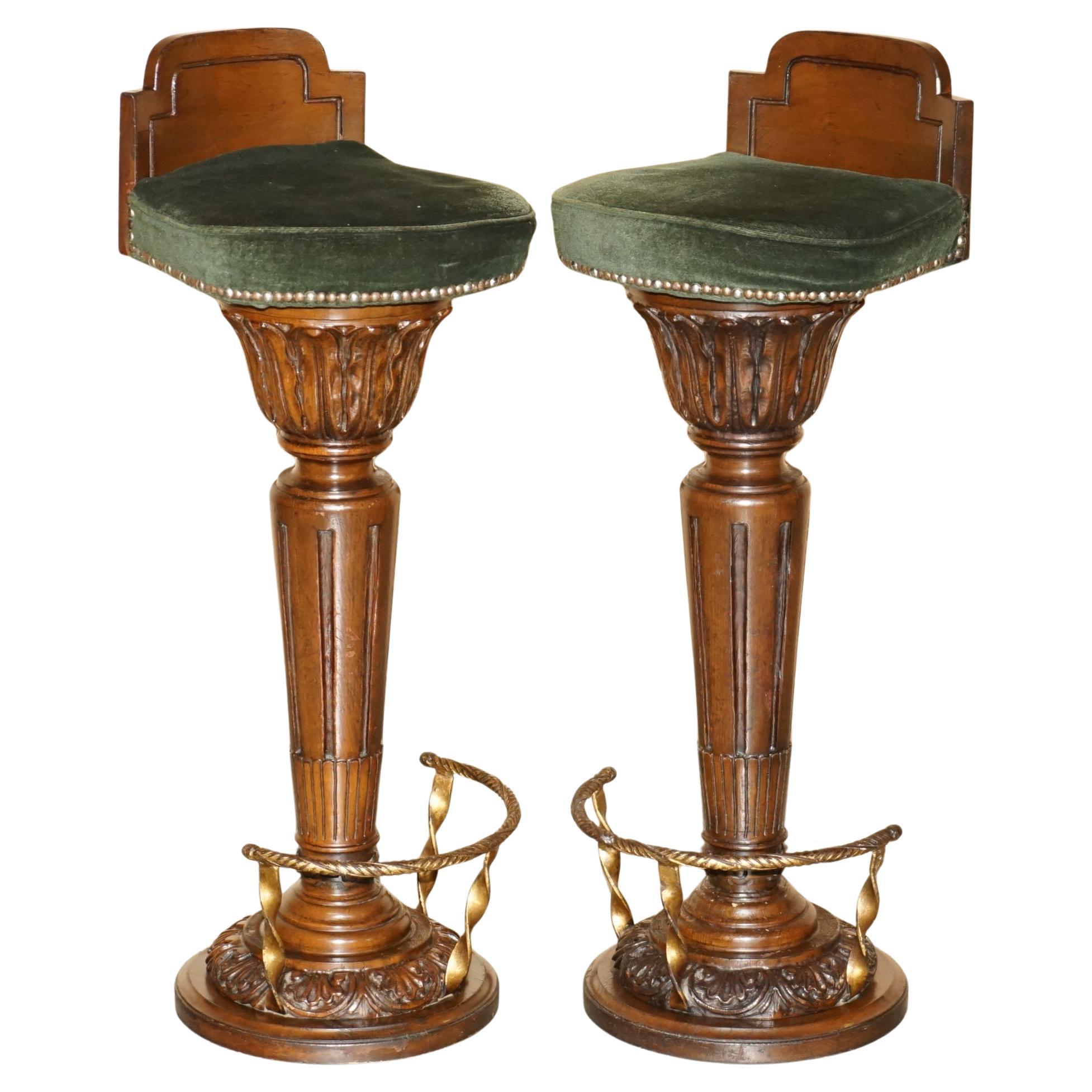 PAIR OF STUNNING ANTIQUE ART DECO 1900
S BRASS HARD CARVED SWIVEL BAR STOOLs