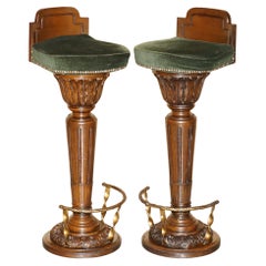 PAIR OF STUNNING ANTIQUE ART DECO 1900'S BRASS HARD CARVED SWIVEL BAR STOOLs