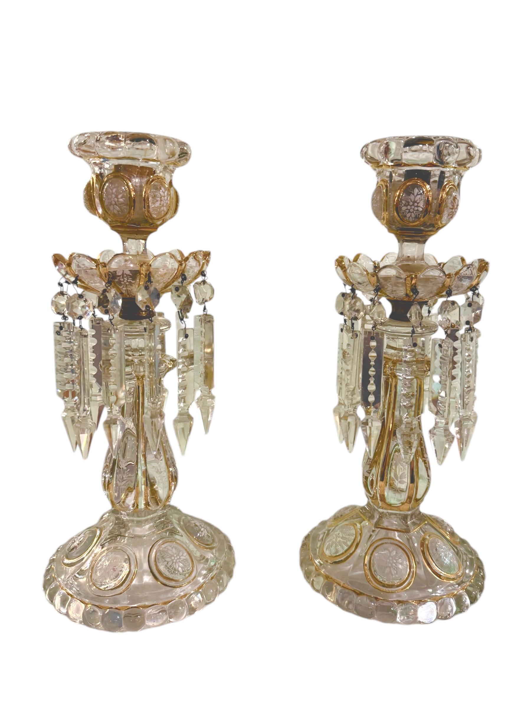 Americano Pair of Stunning Antique Baccarat Luster Candlesticks With Gilt Highlights in vendita