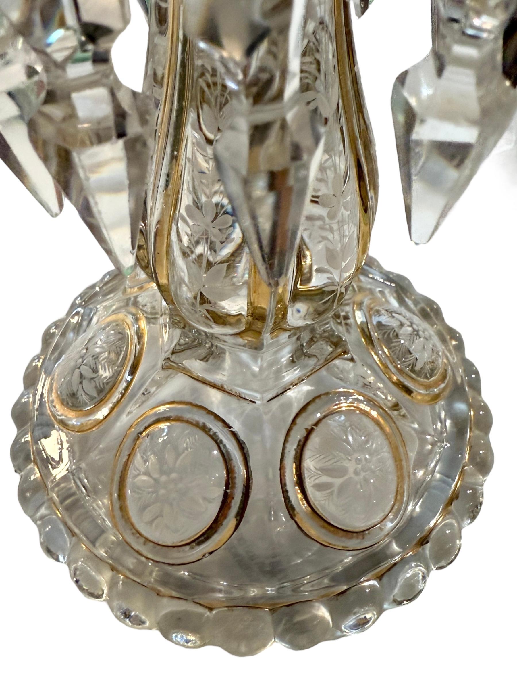 Cristallo Pair of Stunning Antique Baccarat Luster Candlesticks With Gilt Highlights in vendita