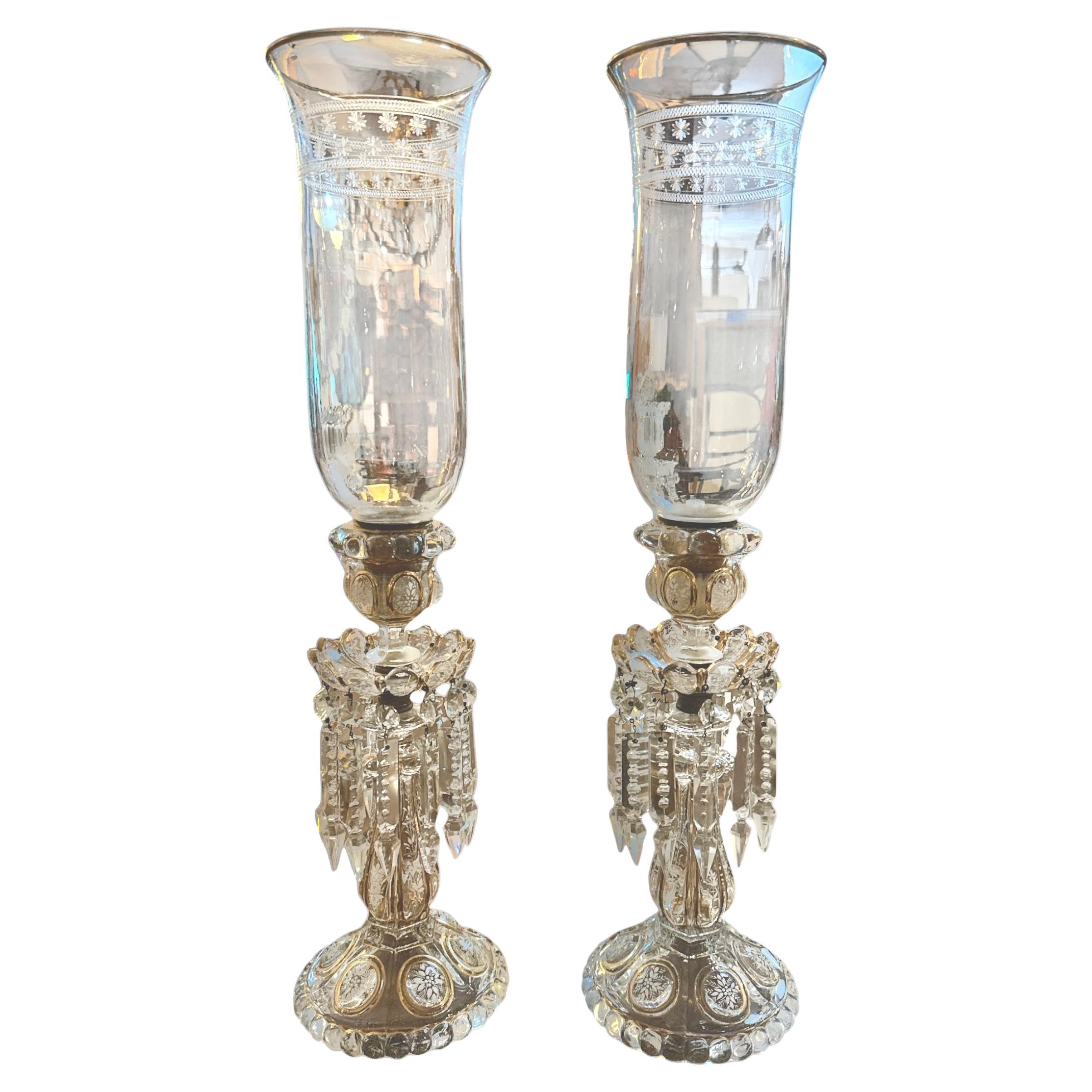 Pair of Stunning Antique Baccarat Luster Candlesticks With Gilt Highlights
