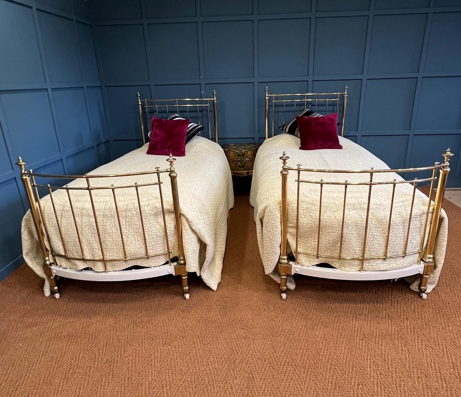 Pair of Stunning Antique English Winfield Large Single Brass Beds For