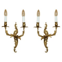 PAIR OF STUNNING ANTIQUE FRENCH 1920's GILT BRONZED CANDLE SCONCE WALL LIGHTS