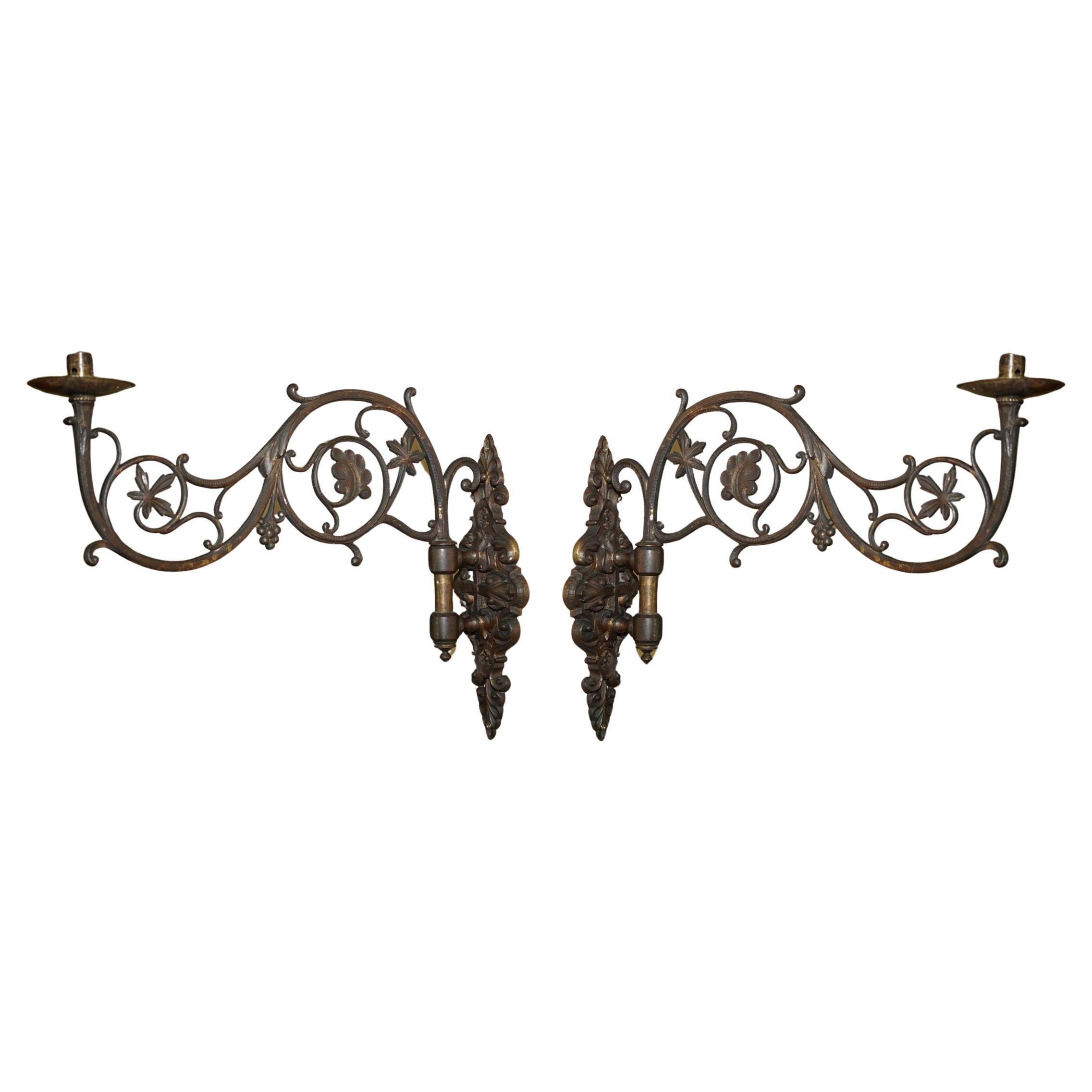 PAIR OF STUNNING ANTIQUE GILT BRONZE VERY LARGE CANDLE SCONCE WALL LIGHT HOLDERs