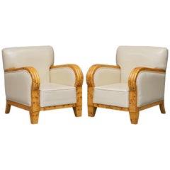 Pair of Stunning Burr Maple Art Deco Club Armchairs Cream Leather Upholstery