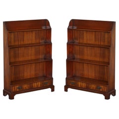Pair of Stunning Charles Barr Flamed Mahogany Waterfall Bookcases After Gillows