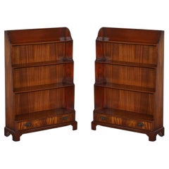 Pair of Stunning Charles Barr Flamed Mahogany Waterfall Bookcases After Gillows