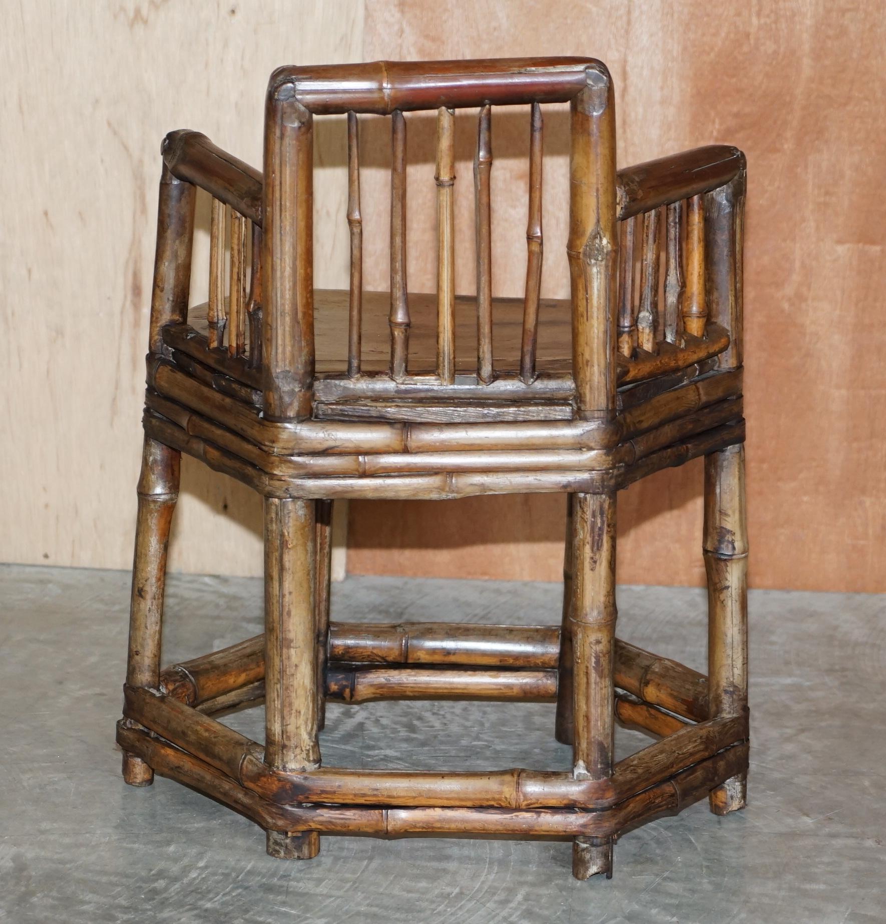 Pair of Stunning circa 1800 Chinese Bamboo Primitive Occasional Chairs His & Her For Sale 4