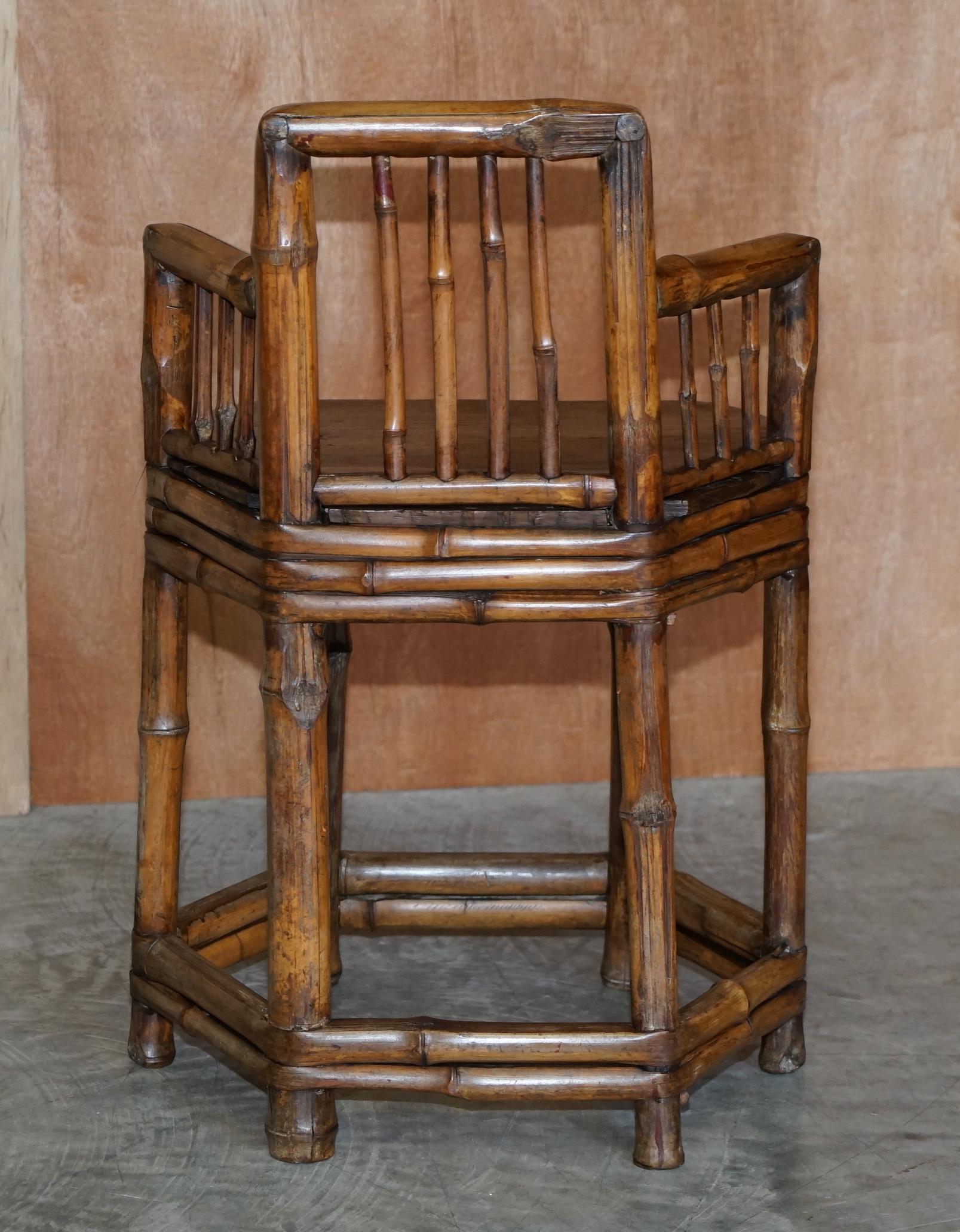 Pair of Stunning circa 1800 Chinese Bamboo Primitive Occasional Chairs His & Her For Sale 11