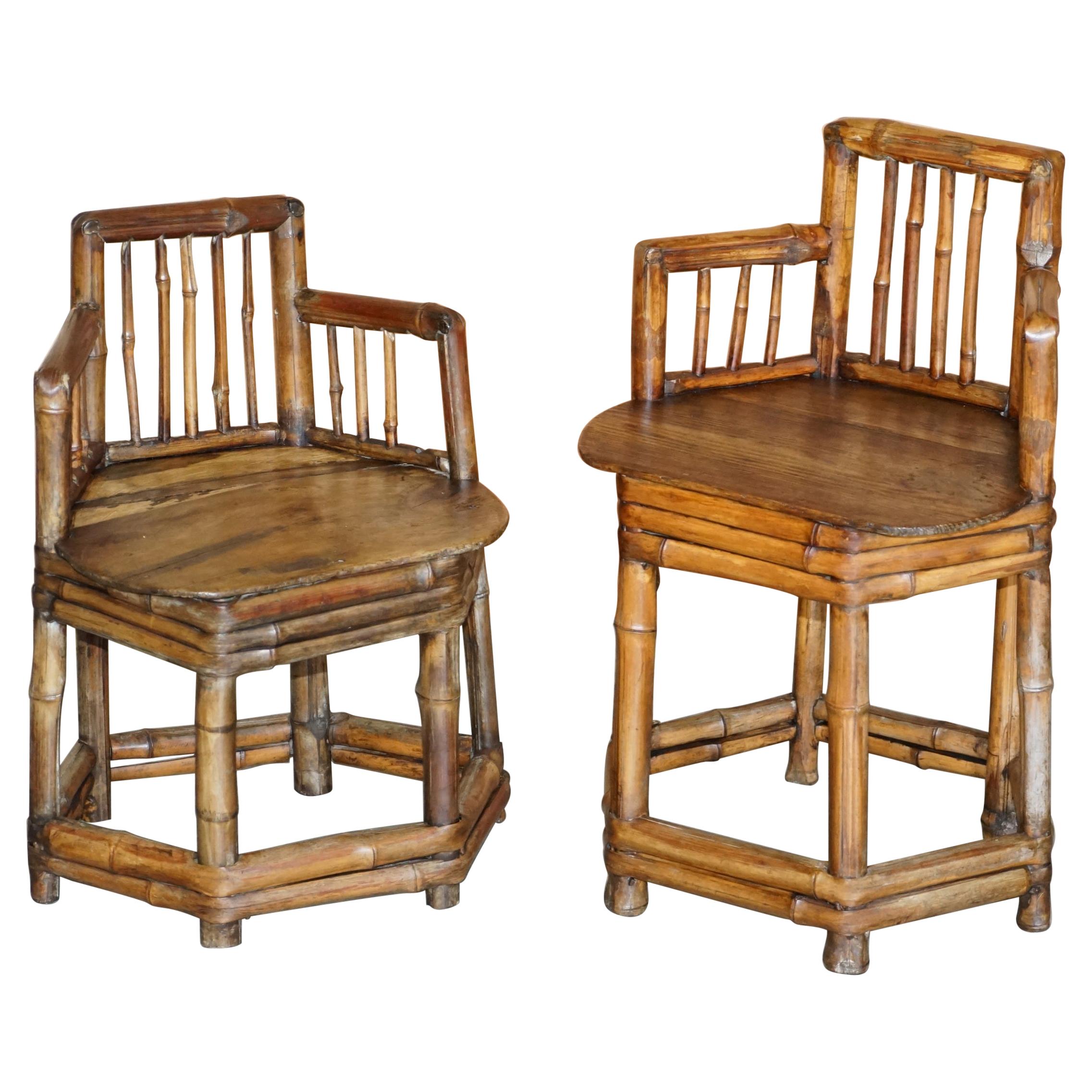 Pair of Stunning circa 1800 Chinese Bamboo Primitive Occasional Chairs His & Her For Sale