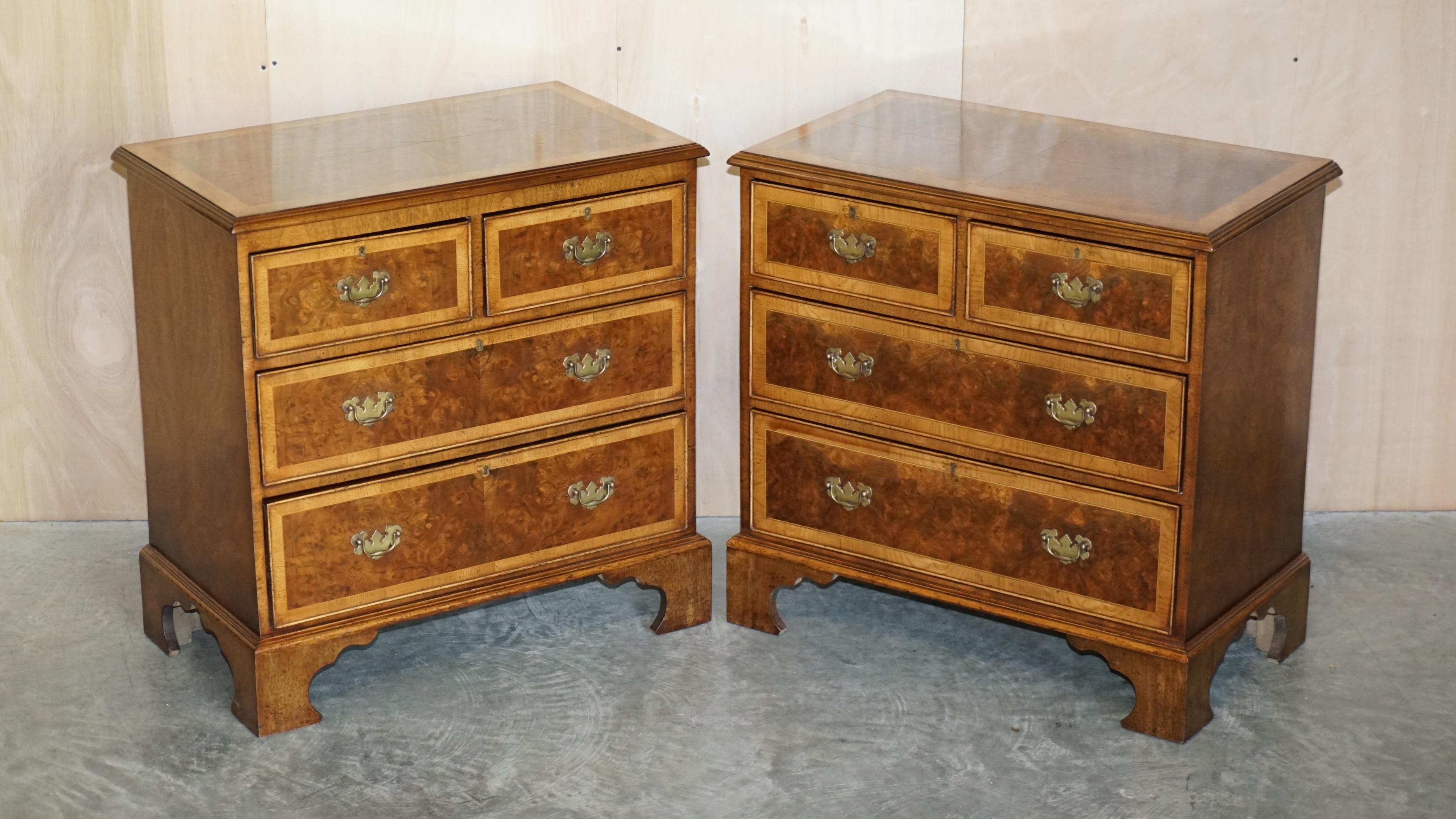 We are delighted to offer for sale this lovely pair of Georgian style circa 1900 hand made Burr Walnut chests of drawers

A very good looking and well made pair, they have a glorious timber patina, the burr walnut panels are framed with boxwood