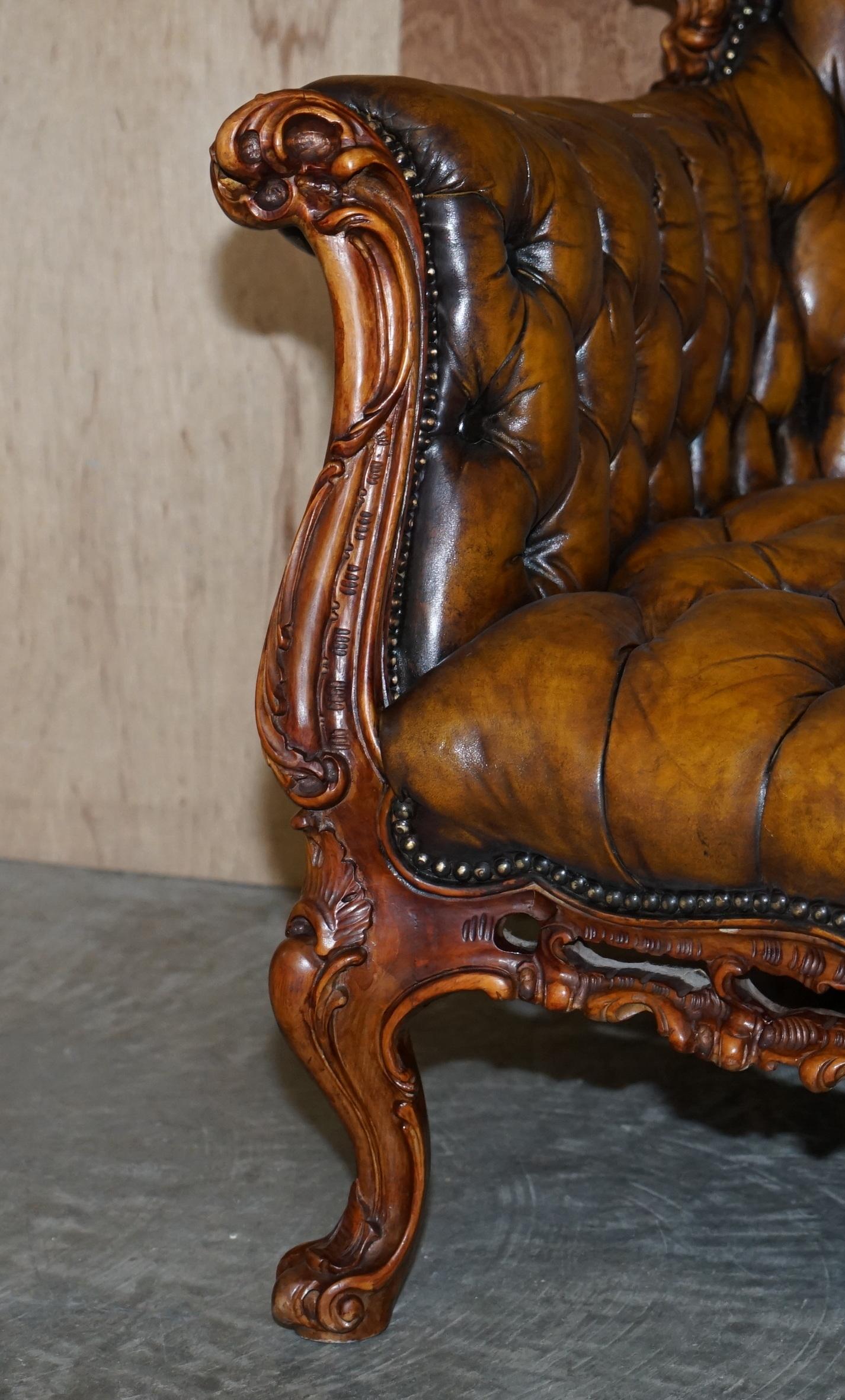 Pair of Stunning circa 1900 Carved Walnut & Brown Leather Chesterfield Armchairs 4
