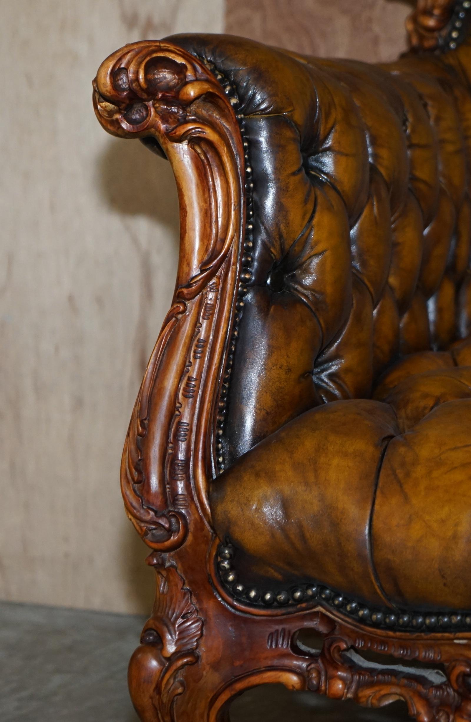 Pair of Stunning circa 1900 Carved Walnut & Brown Leather Chesterfield Armchairs 5