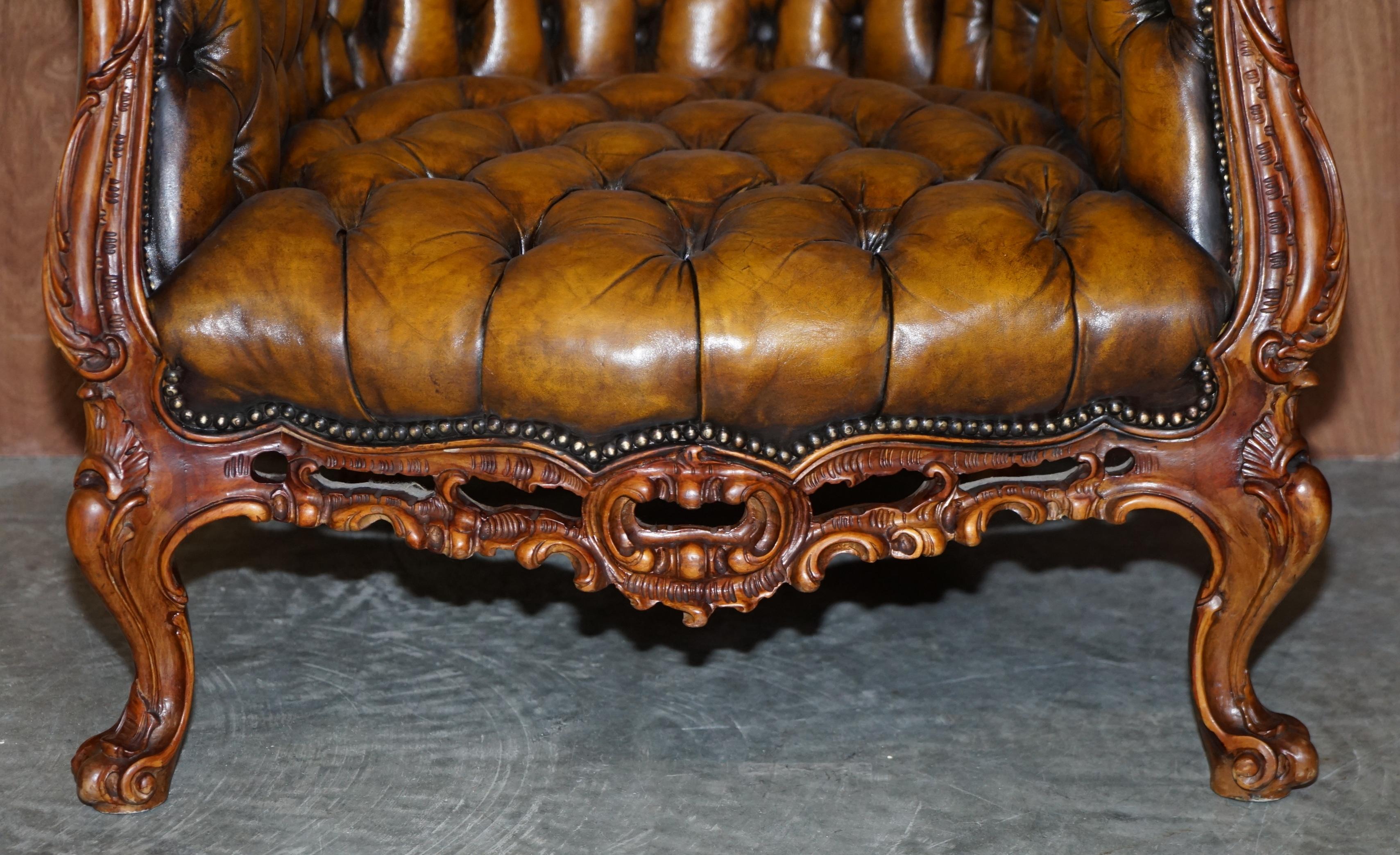 Pair of Stunning circa 1900 Carved Walnut & Brown Leather Chesterfield Armchairs 6